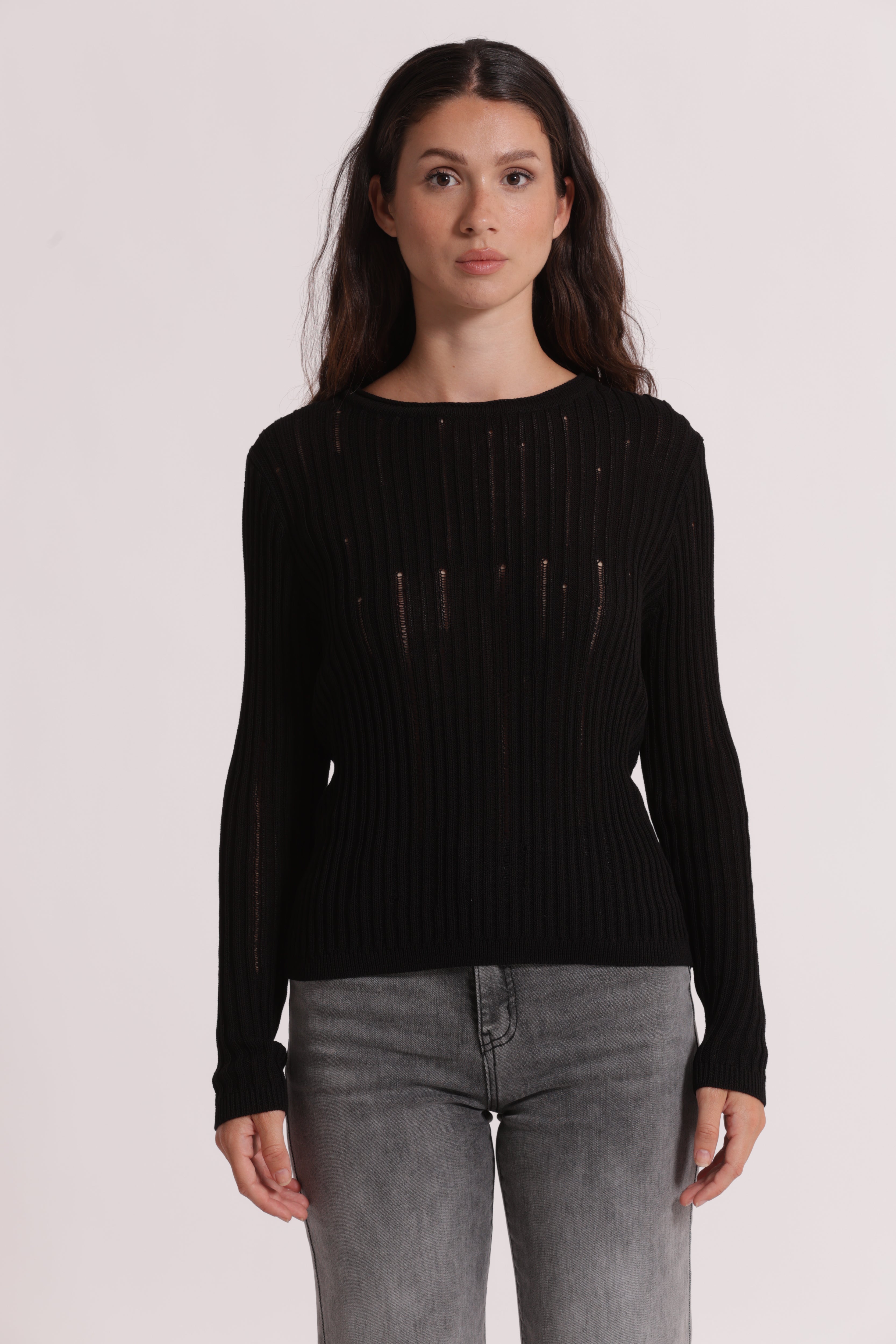 Mimi Mua Dettagli Smagliati Maglia Nero Viscosa