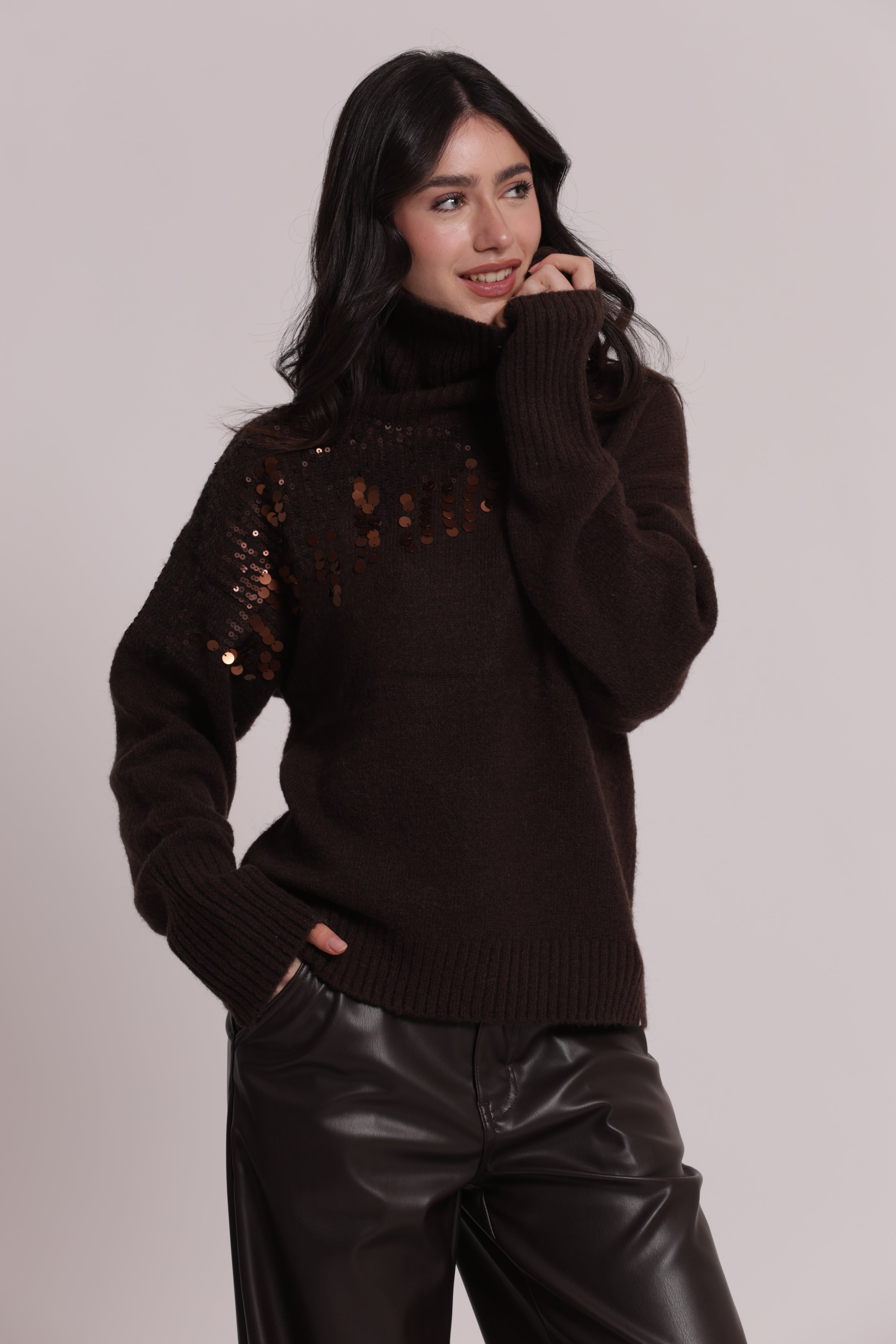 Mimi Mua Cascate Paillettes Maglia Collo Alto Nera