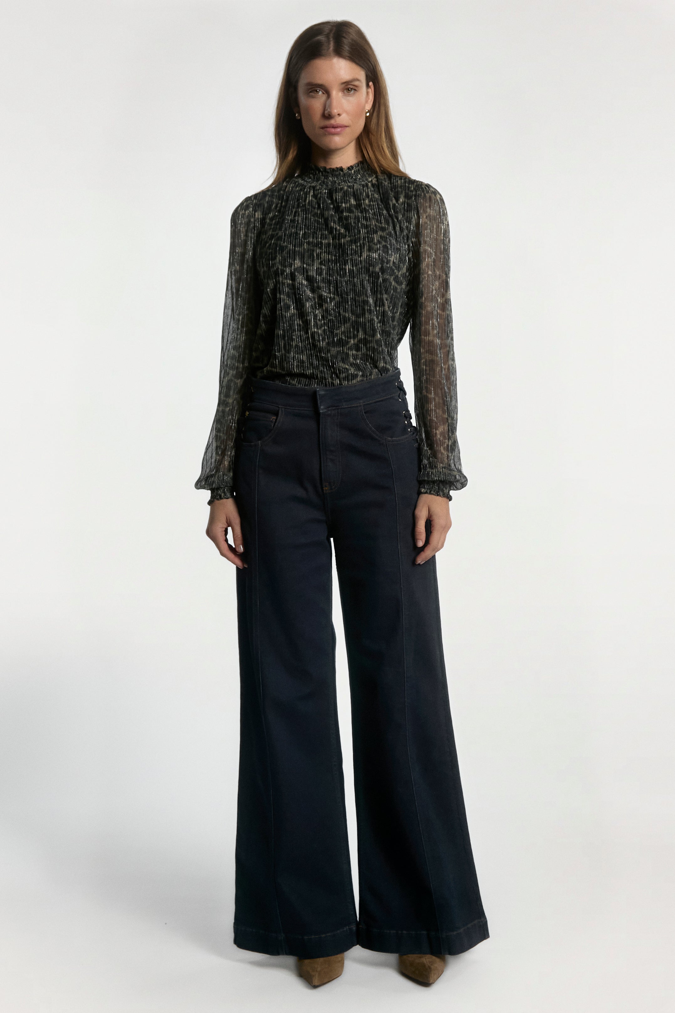 Aaiko Tory top animalier verde plissettato collo alto