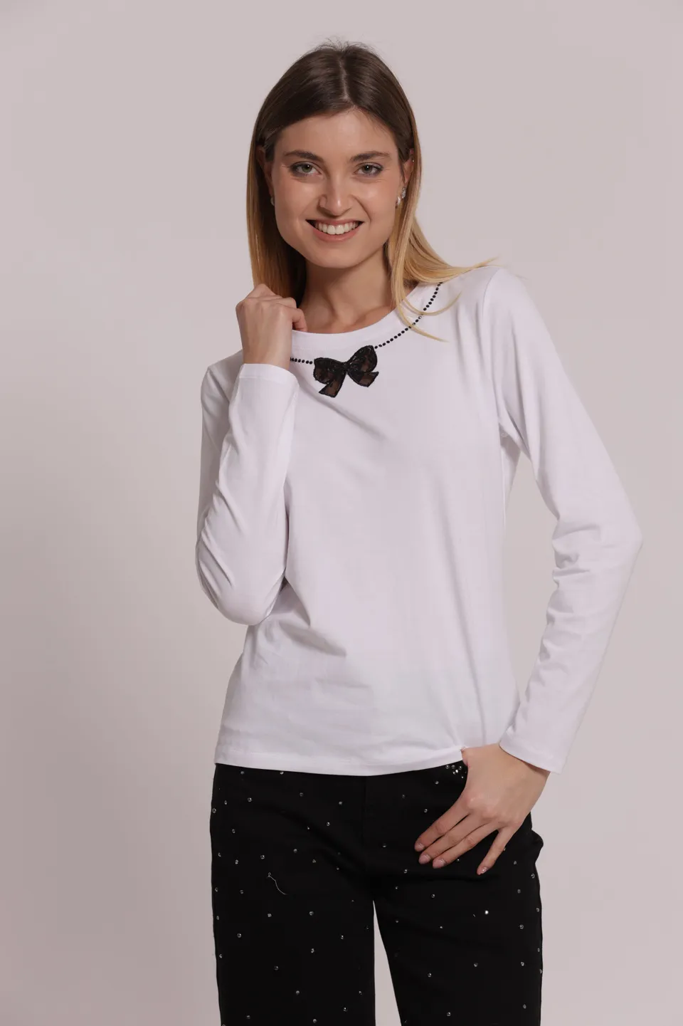 Mimi Mua Fiocco Frontale t-shirt maniche lunghe bianca