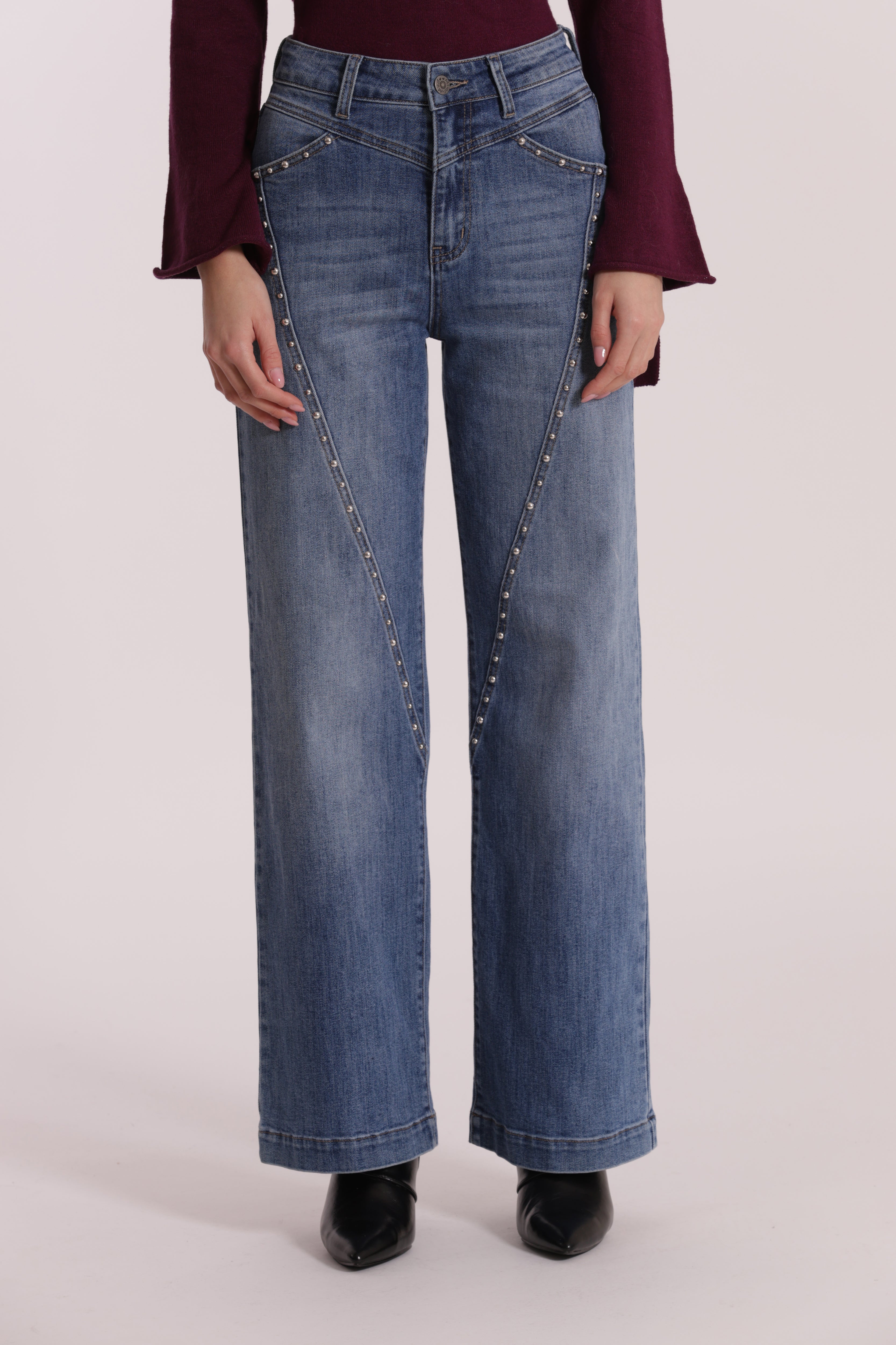 Mimi Mua jeans wide leg borchie blu medio