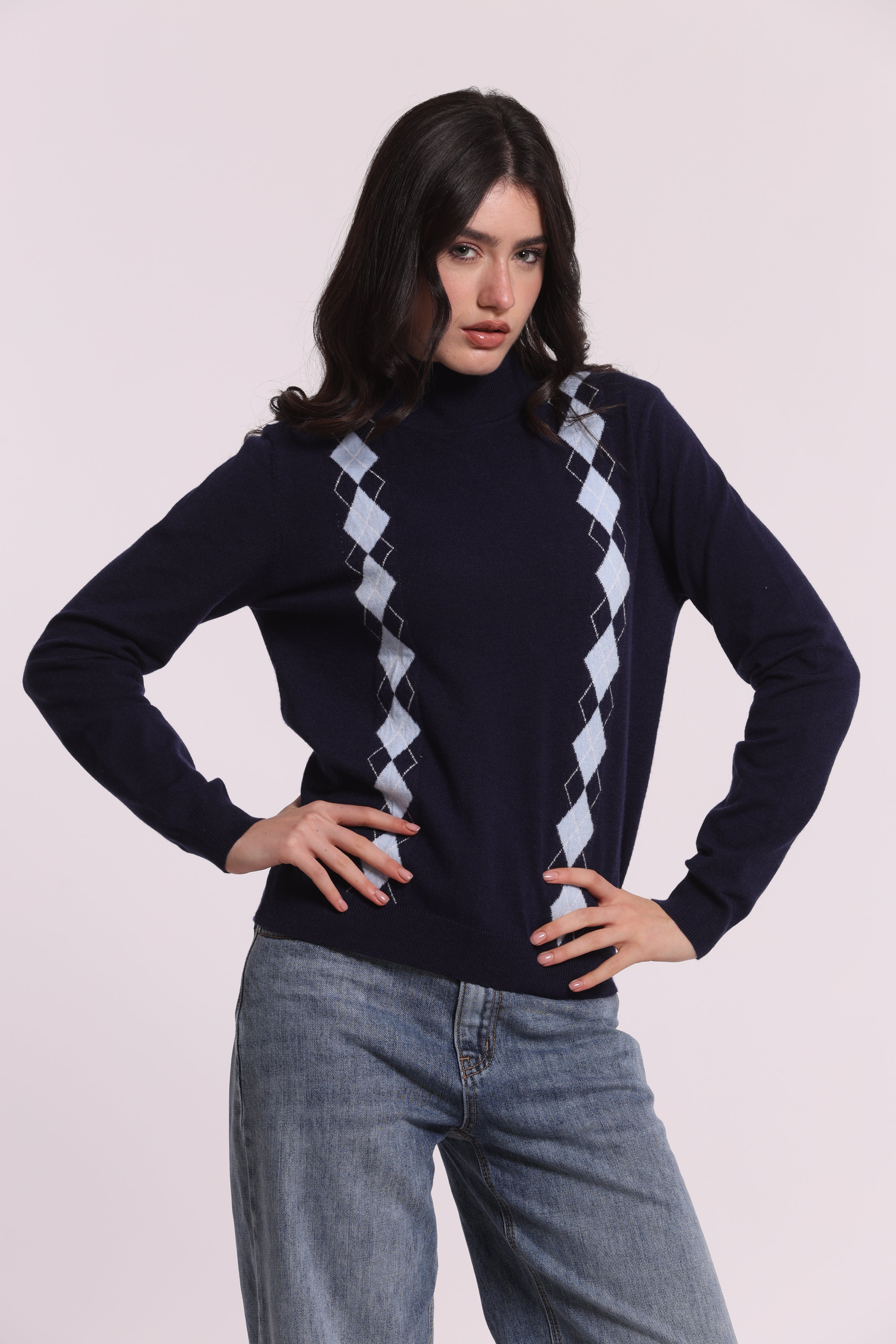 Mimi Mua Maglia Lupetto Rombo Blu Elasticizzata