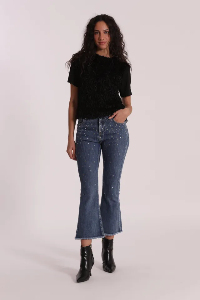 Mimi Mua jeans cropped flare strass e borchie blu medio
