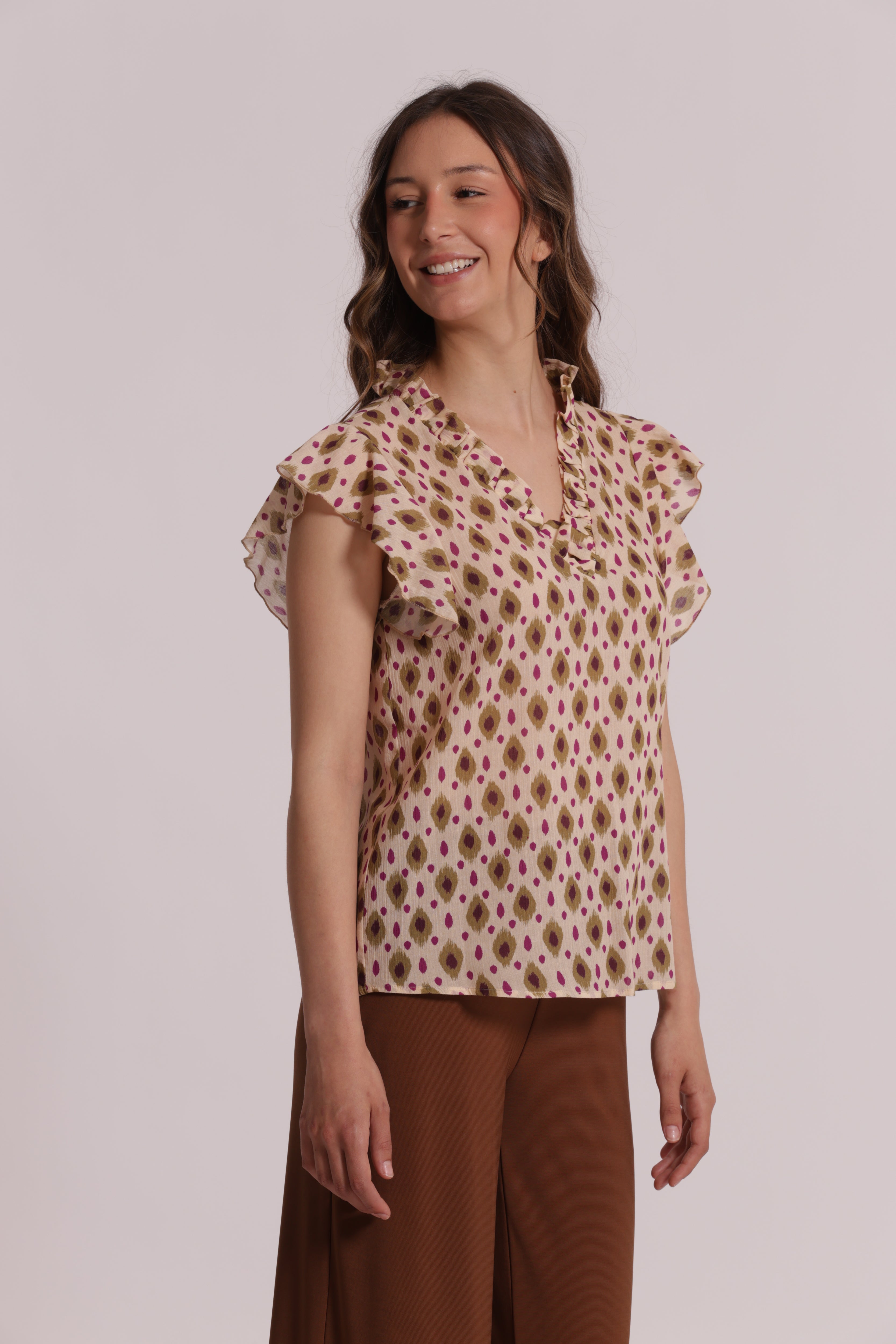 Mimi Mua Blusa a Maniche Corte Fantasia Rombi beige