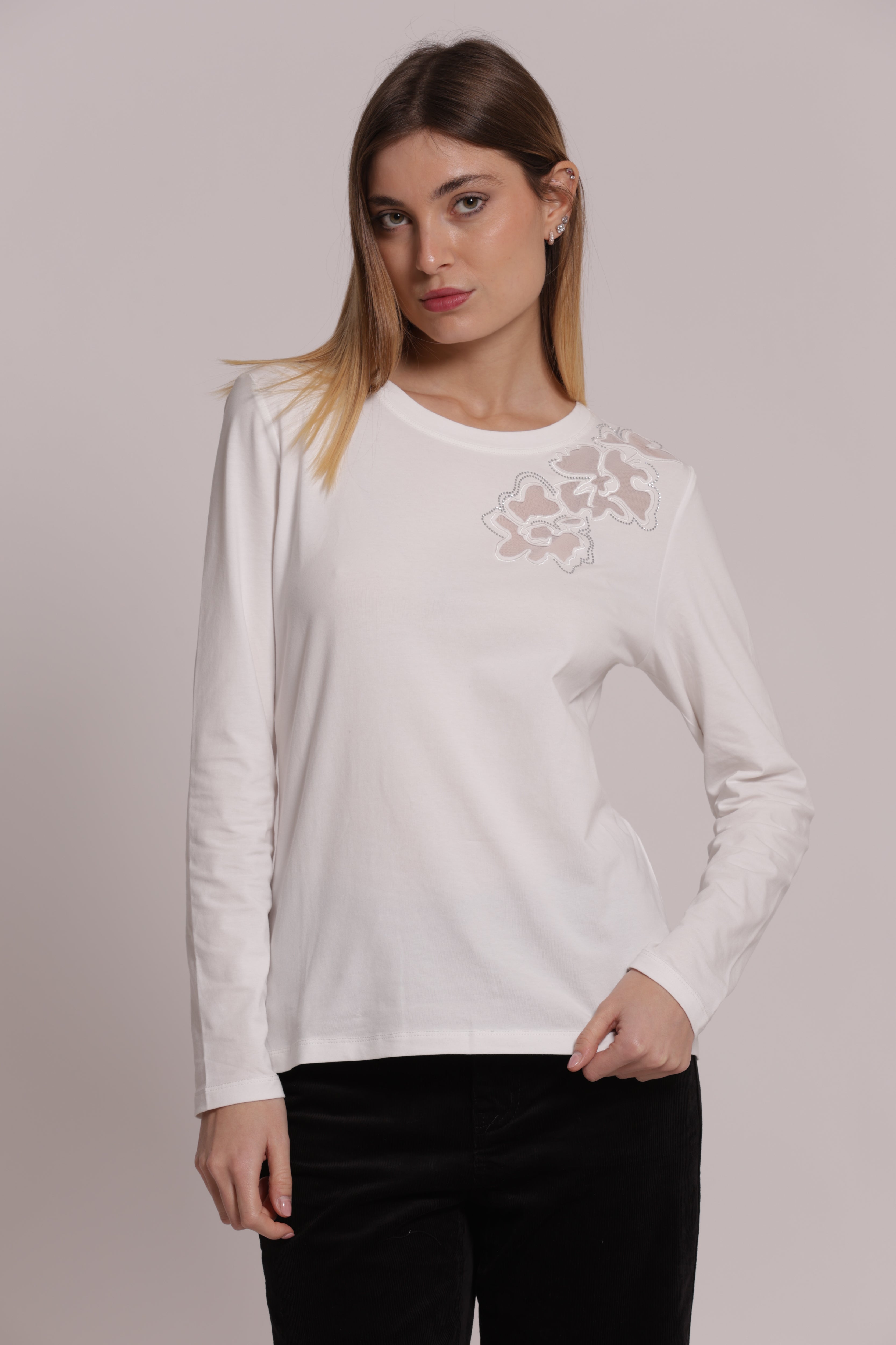 Mimi Mua Trasparenze Strass t-shirt nero maniche lunghe