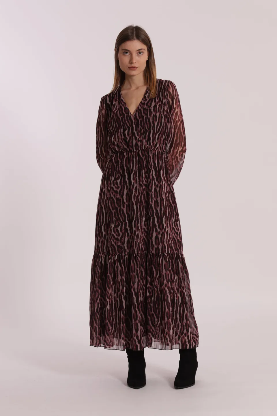 Mimi Mua Fantasia Animalier abito lungo burgundy fluido