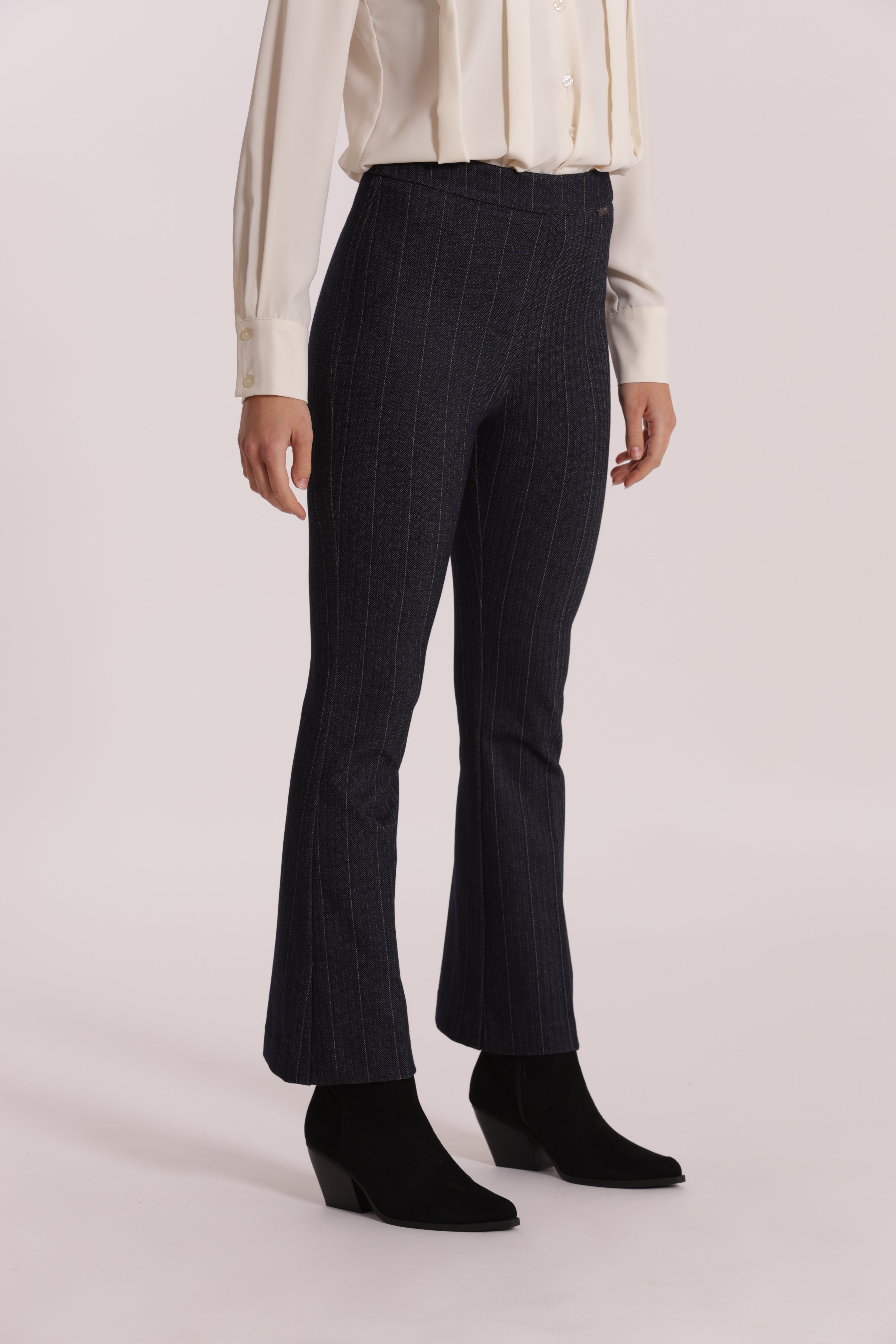 Mimi Mua Pantalone Flare Punto Milano Effetto Jeans Blu