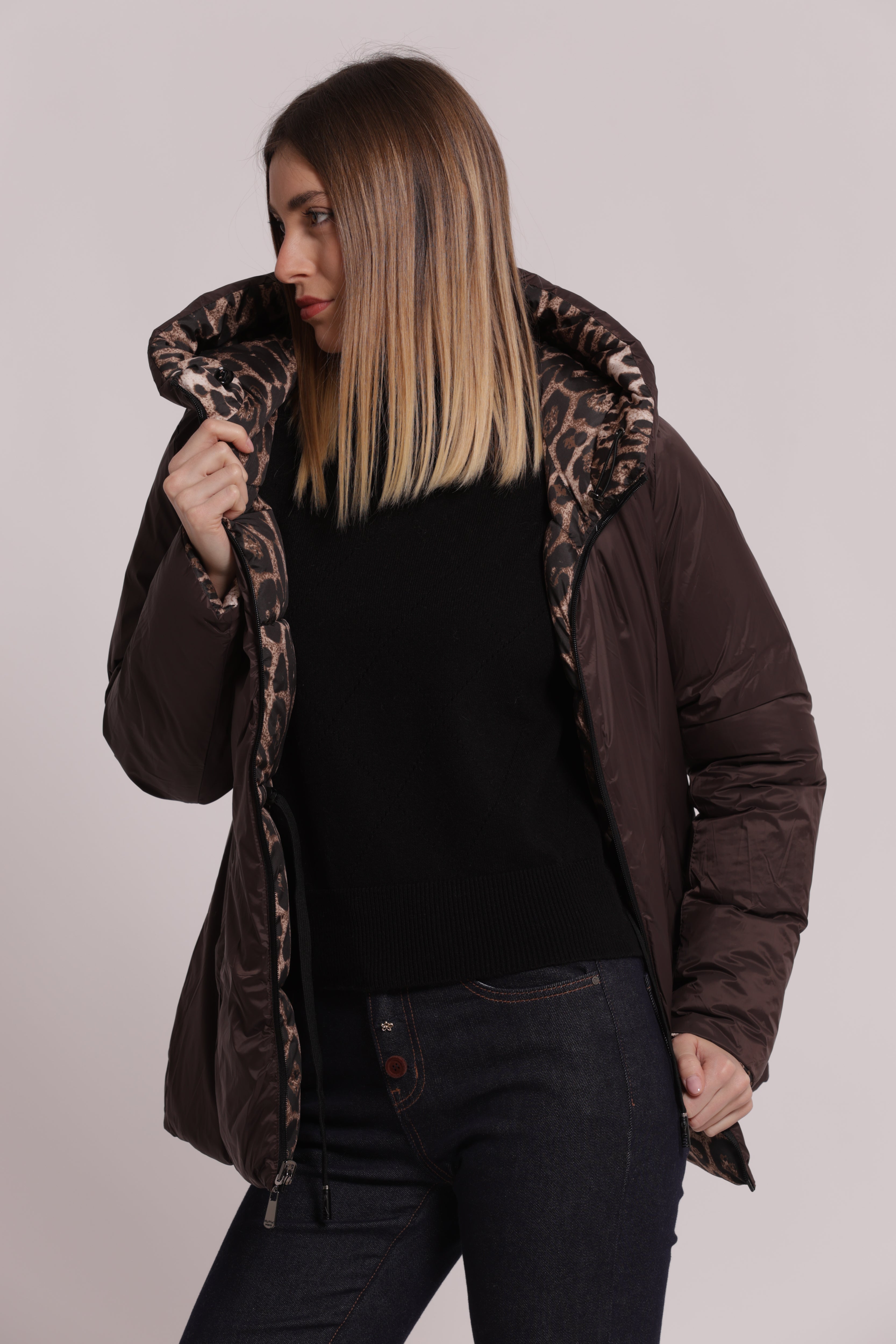 Mimi Mua Piumino Corto Reversibile Coulisse Vita Animalier 2in1