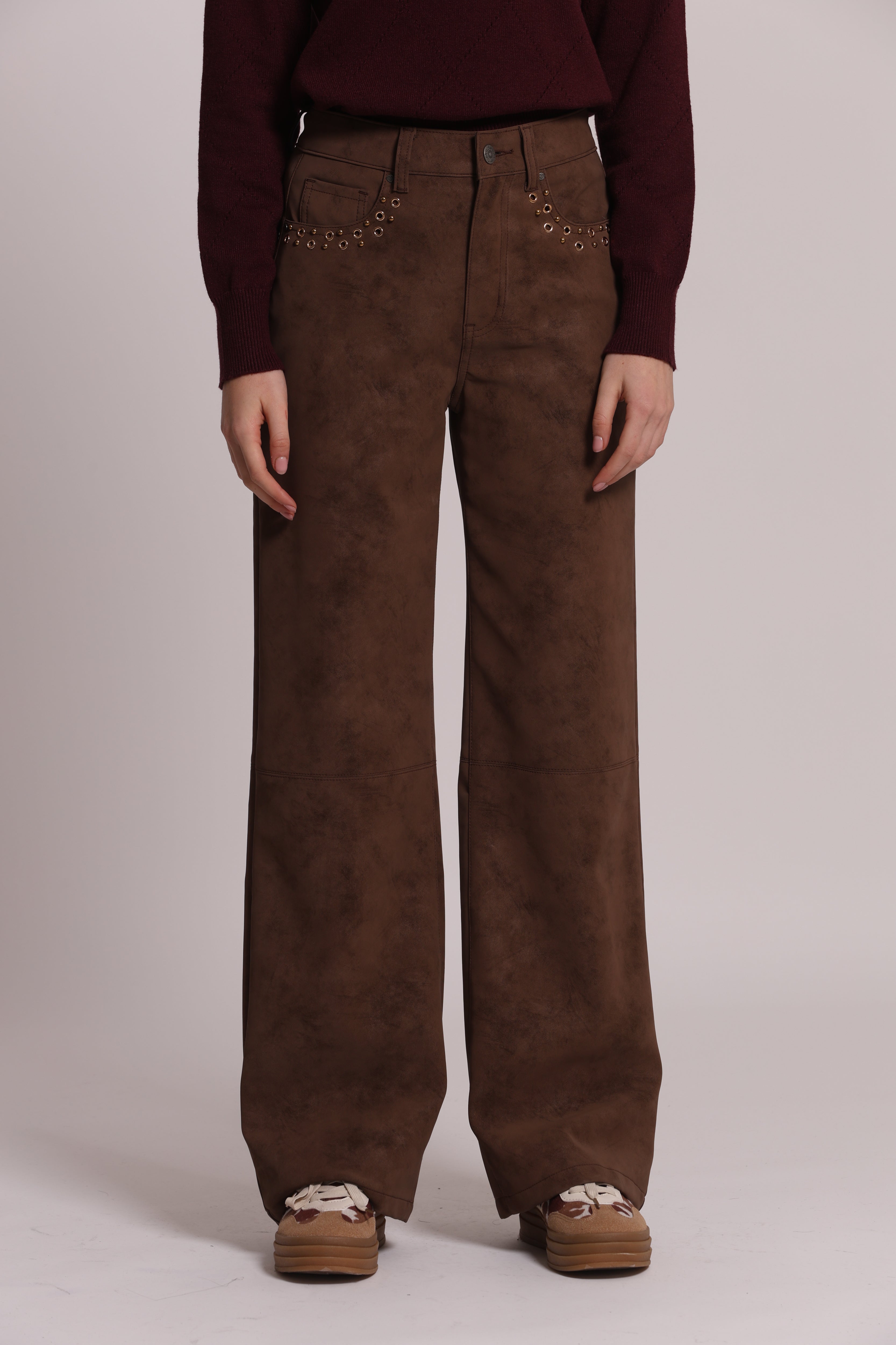 Mimi Mua Pantalone Spalmato Borchie Marrone