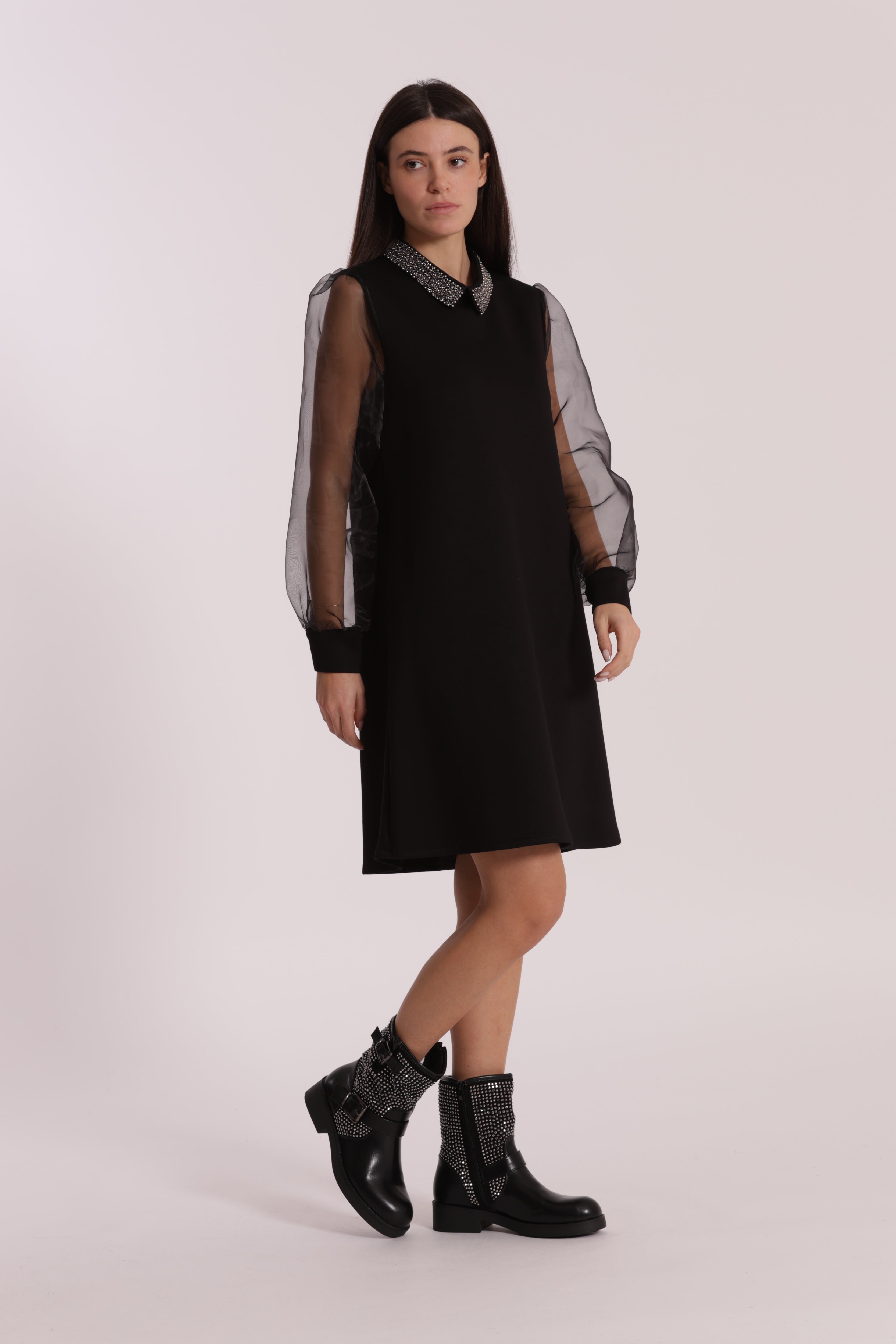Mimi Mua Abito Corto Organza Nero Colletto Ricamato