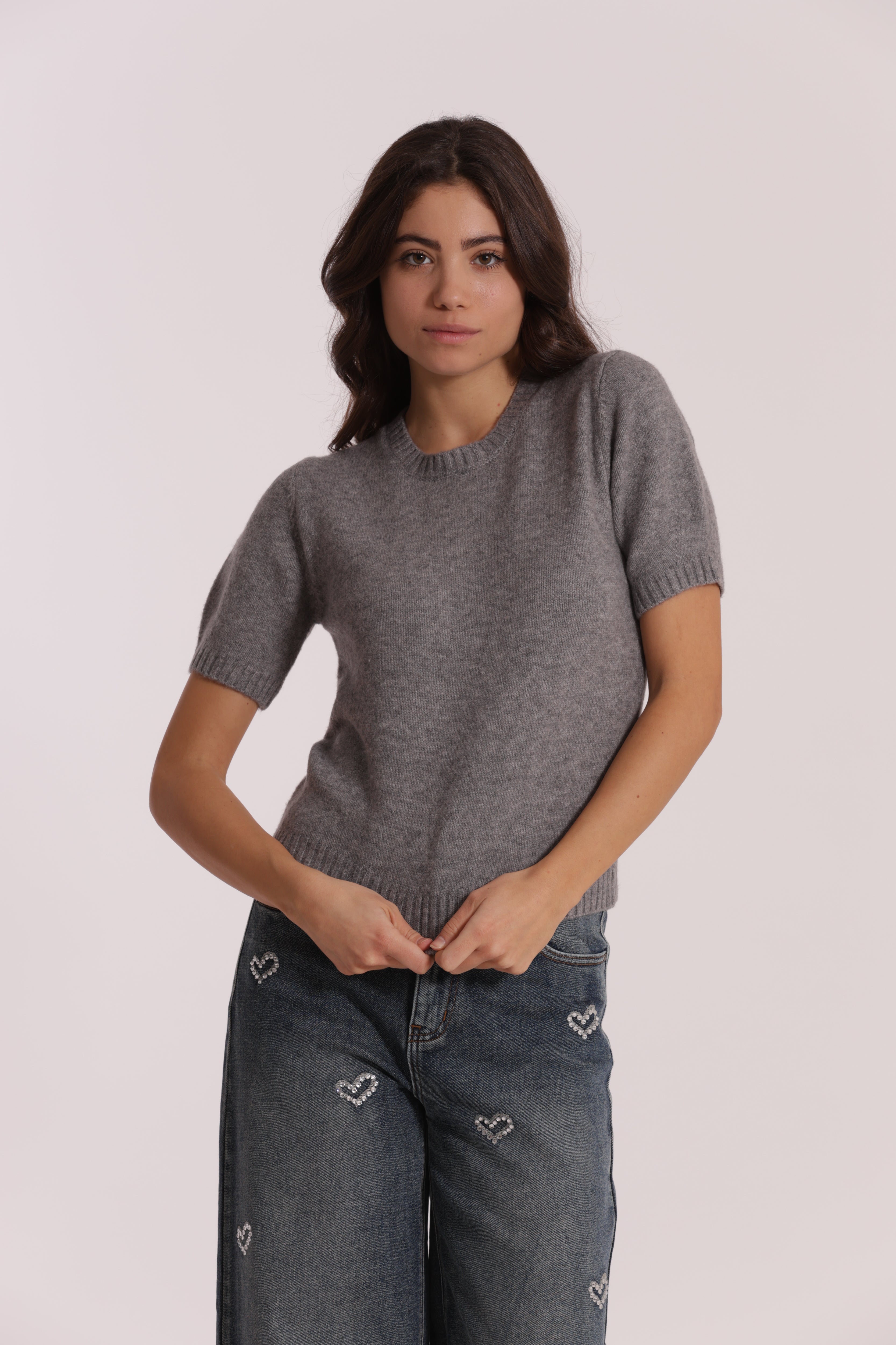Mimi Mua Maglia Maniche Corte Nero Misto Lana