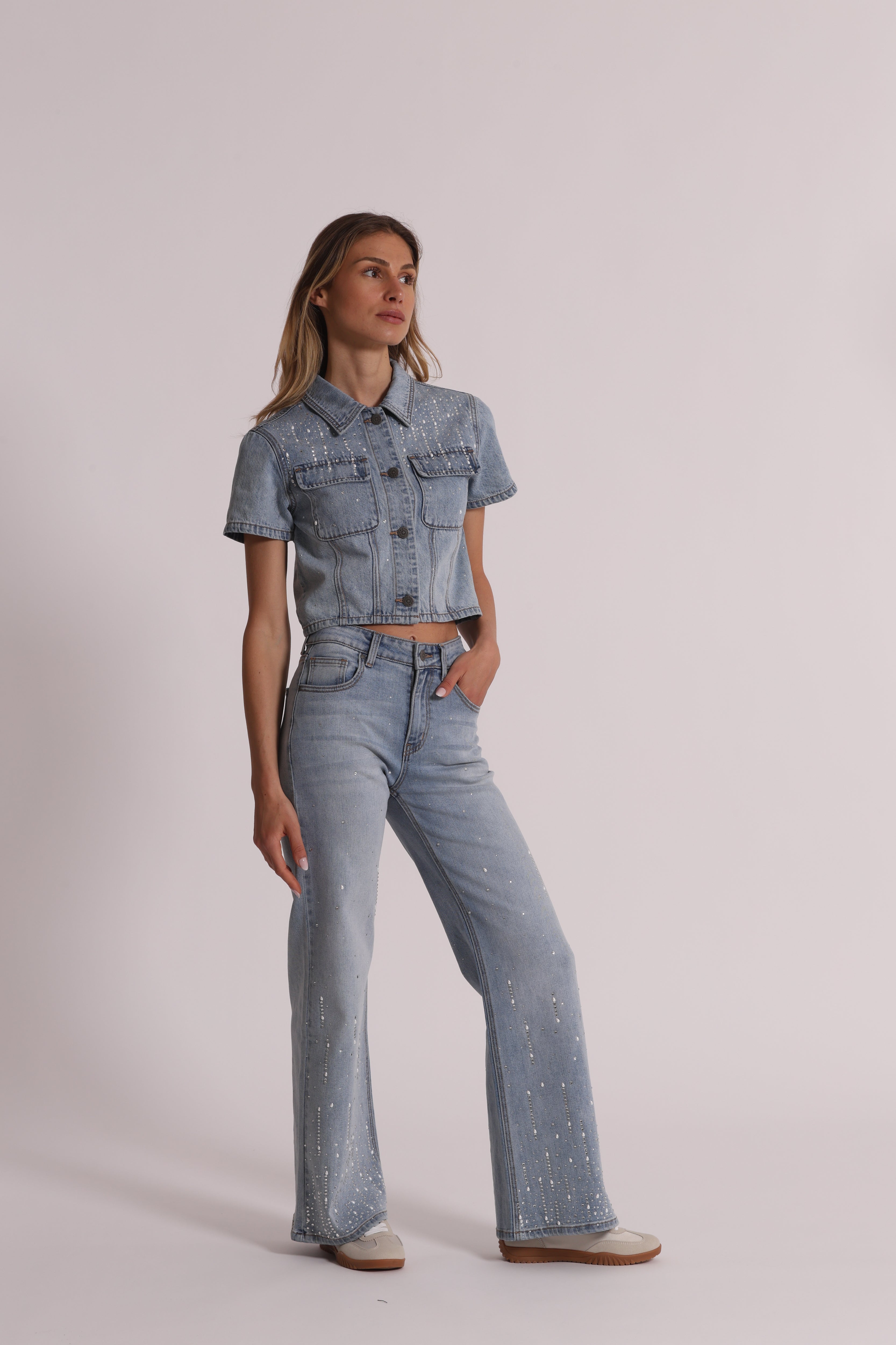 Mimi Mua jeans pioggia di strass jeans bianco denim