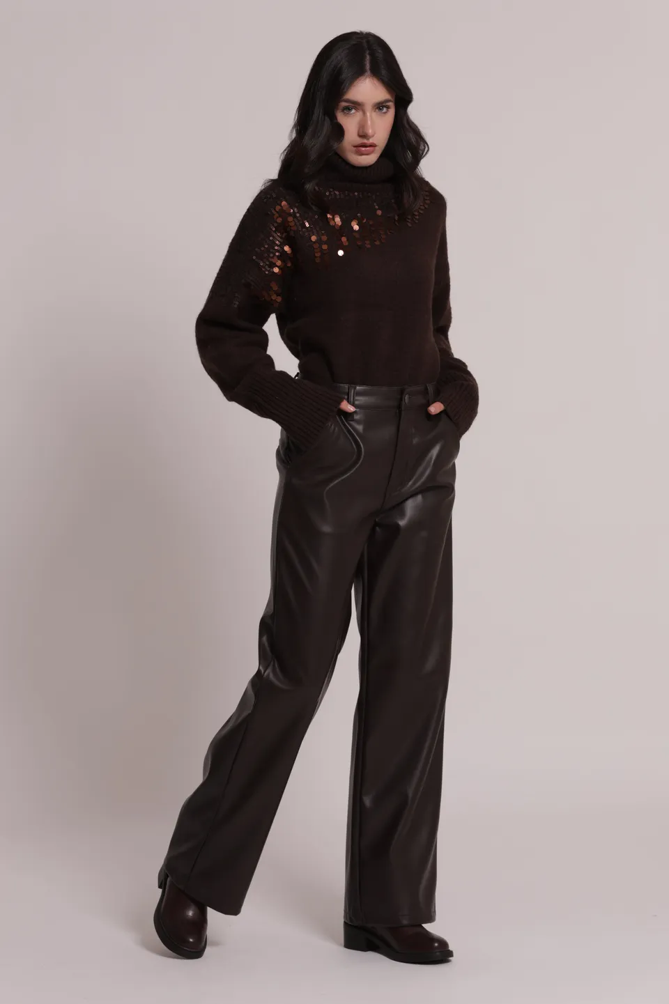 Mimi Mua Wide Leg Simil Pelle Pantaloni Nero Gamba Larga