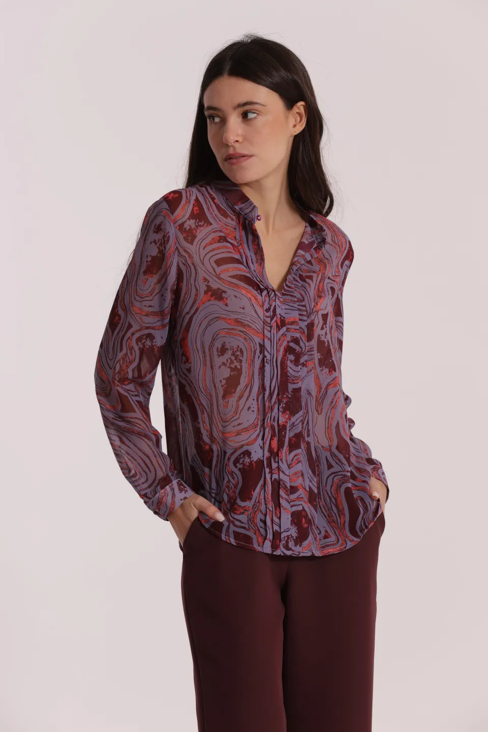 Mimi Mua Blusa con Pieghe Fantasia Marmorea malva