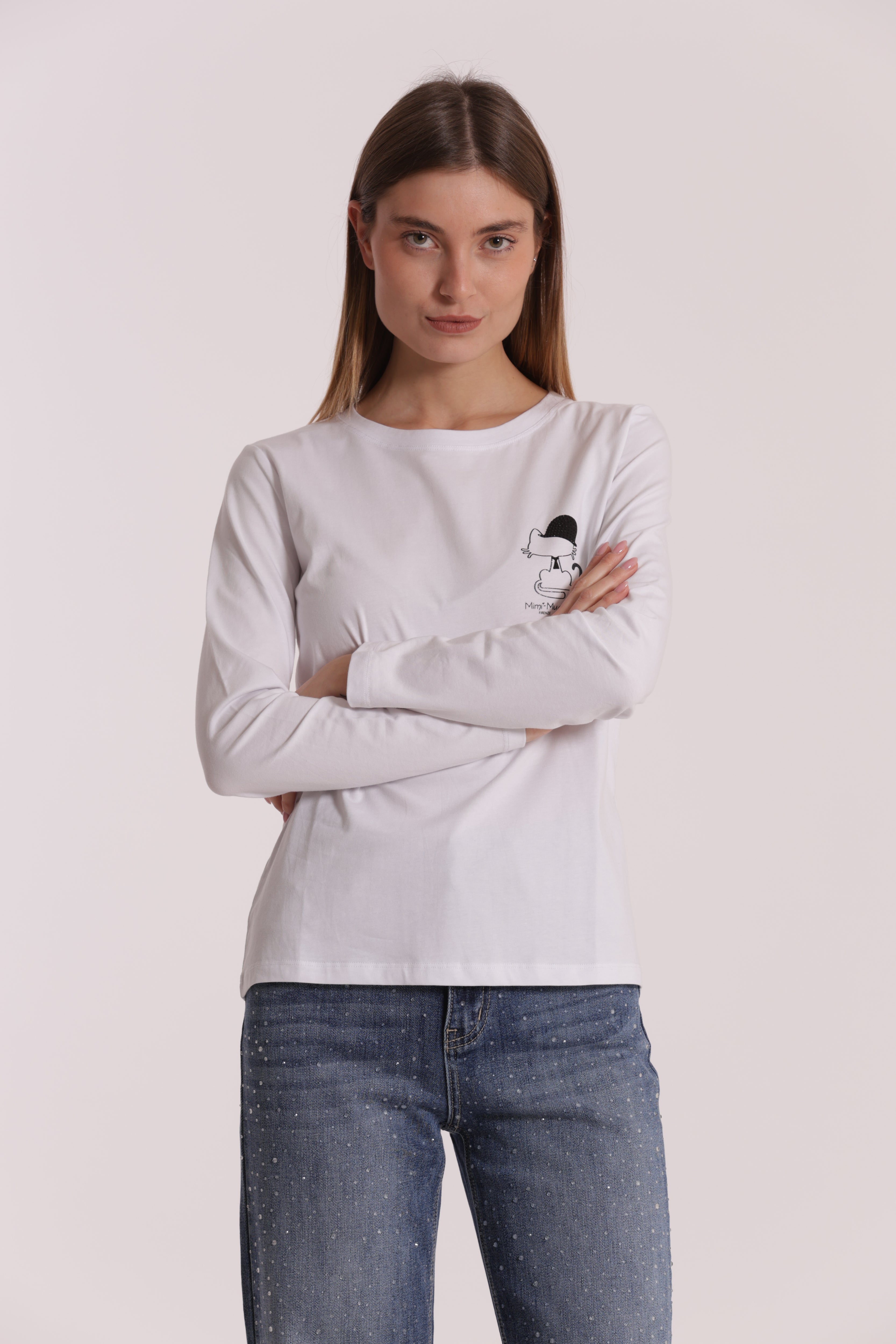 Mimi Mua T-Shirt Gatto Charlie Chaplin Bianca Cotone