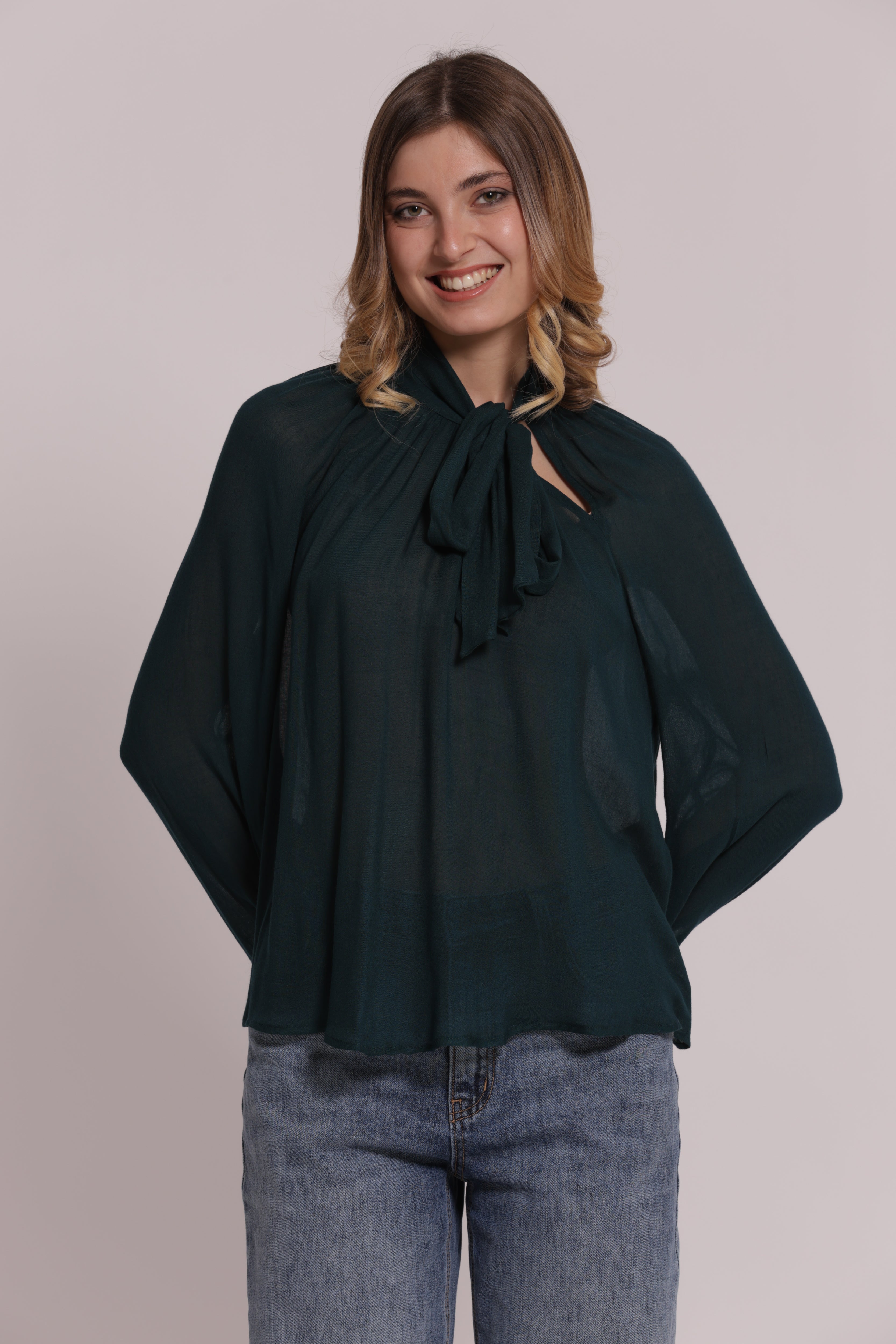 Mimi Mua Blusa Fiocco Collo Garza Viscosa Nera