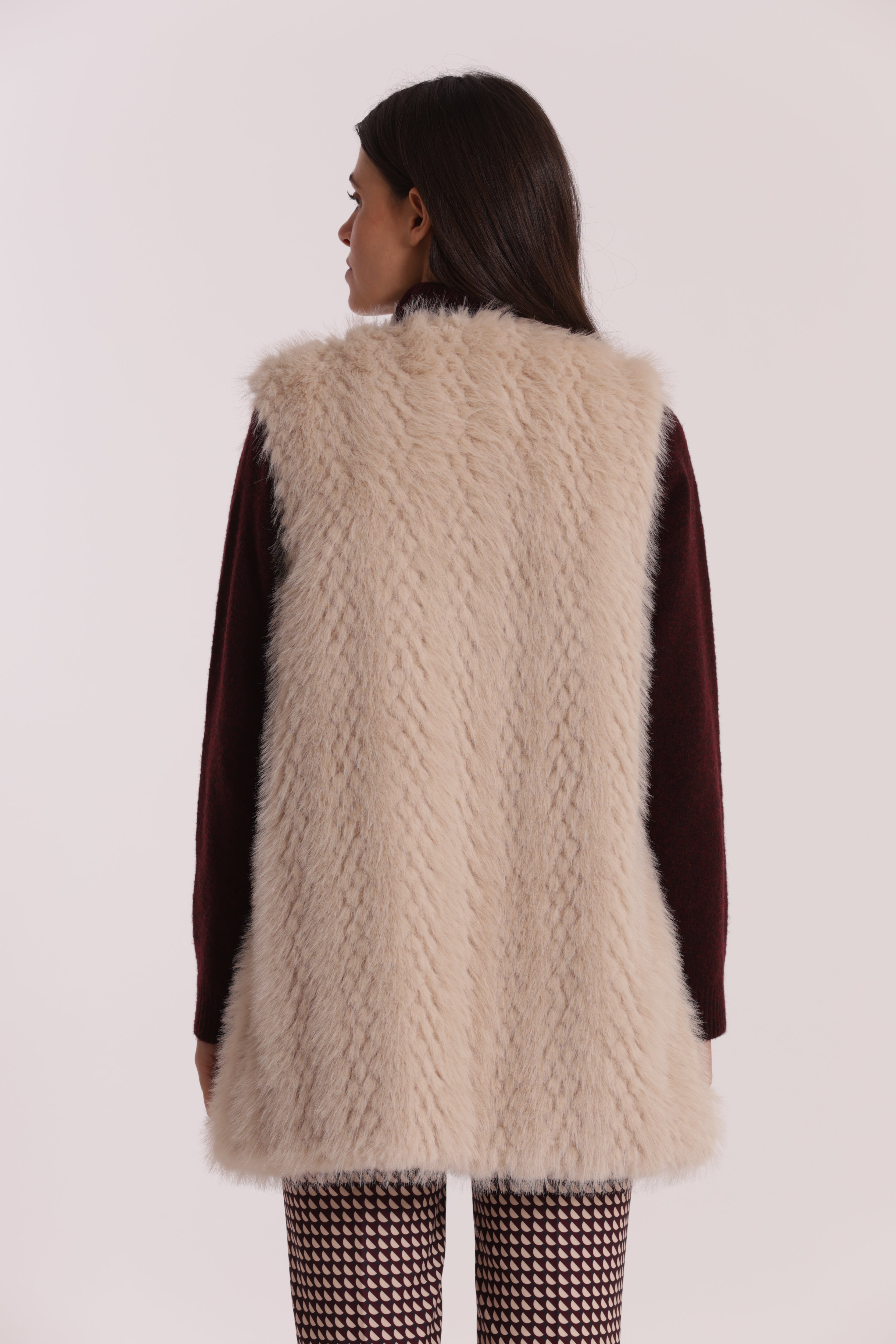 Mimi Mua Gilet Lungo Effetto Montone Beige