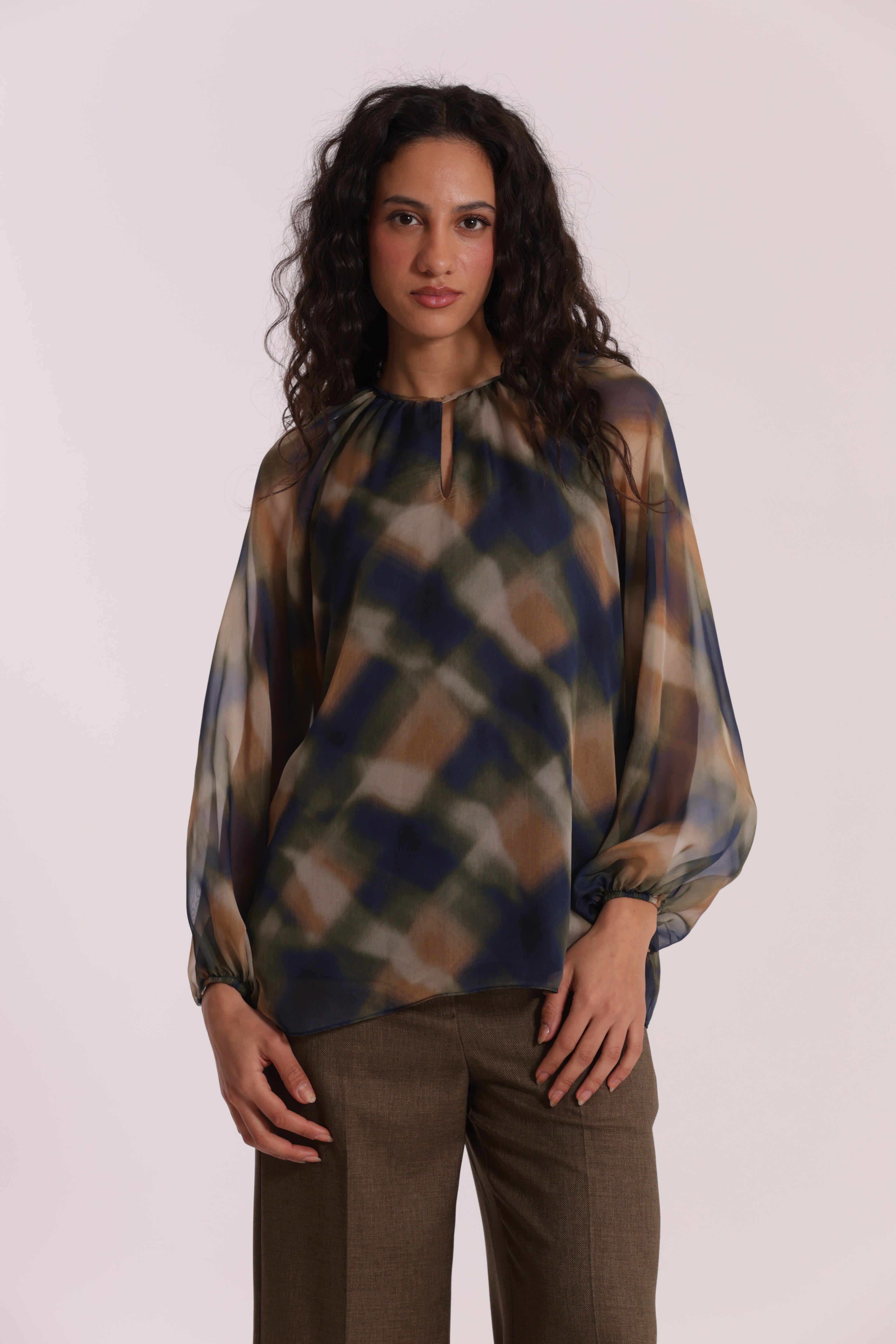 Mimi Mua Blusa Scollo Tondo blusa check blu/cammello
