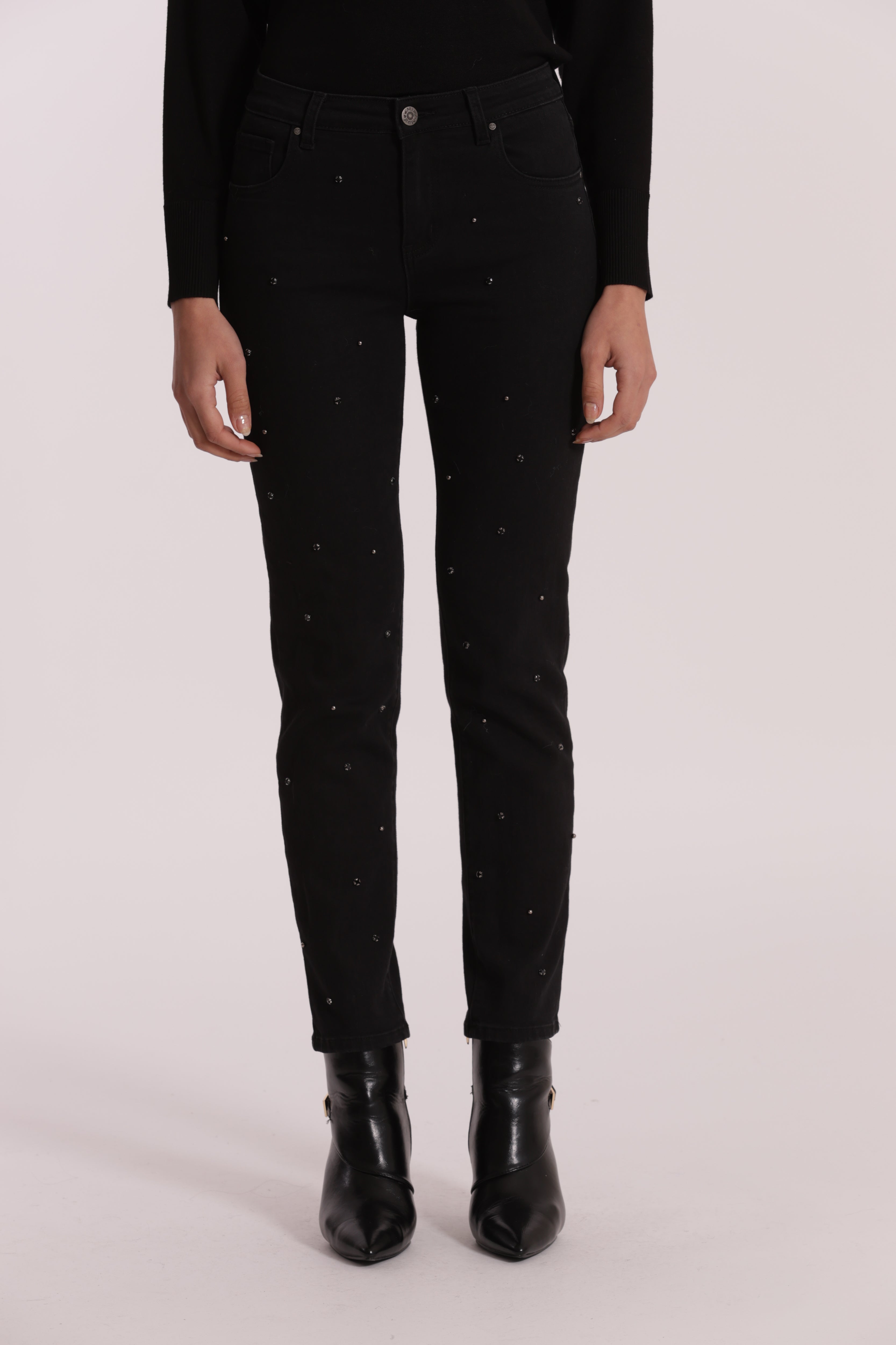 Mimi Mua jeans sigaretta nero con applicazioni
