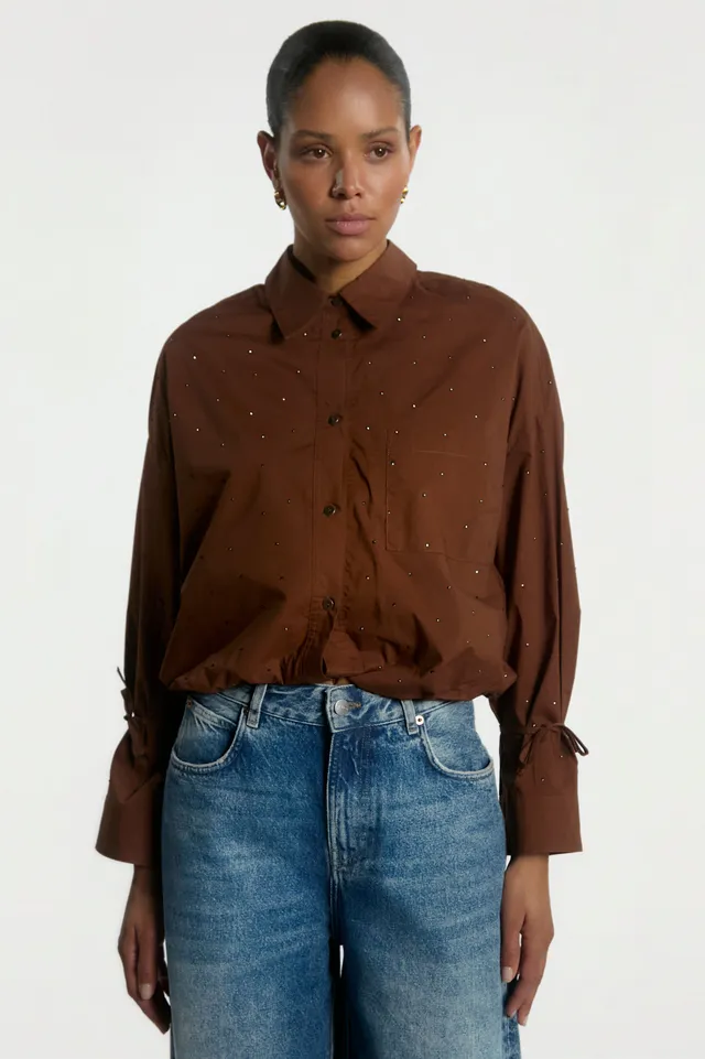 Aaiko Mikkie camicia marrone popeline con strass