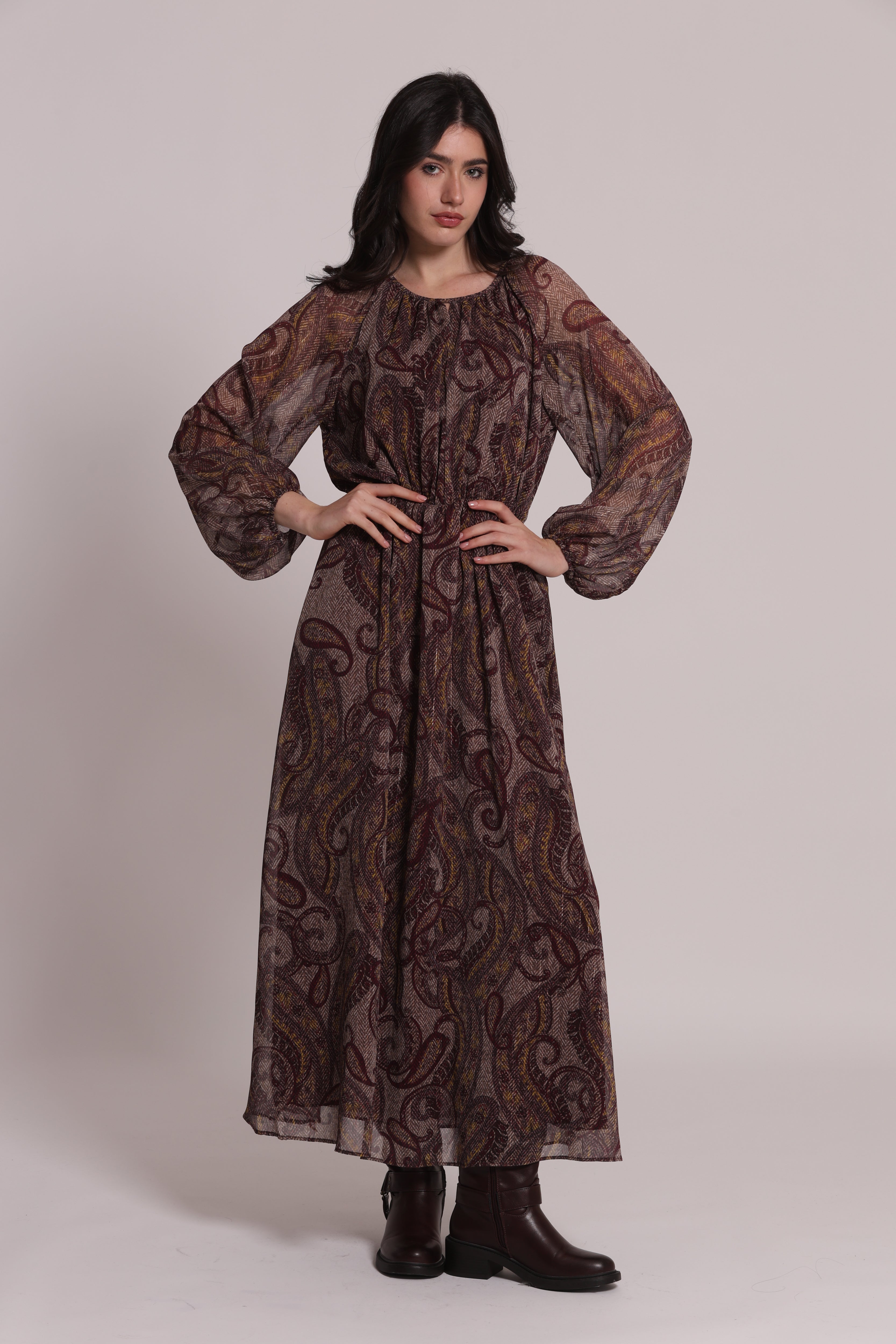 Mimi Mua Paisley abito midi prugna con fiocco frontale