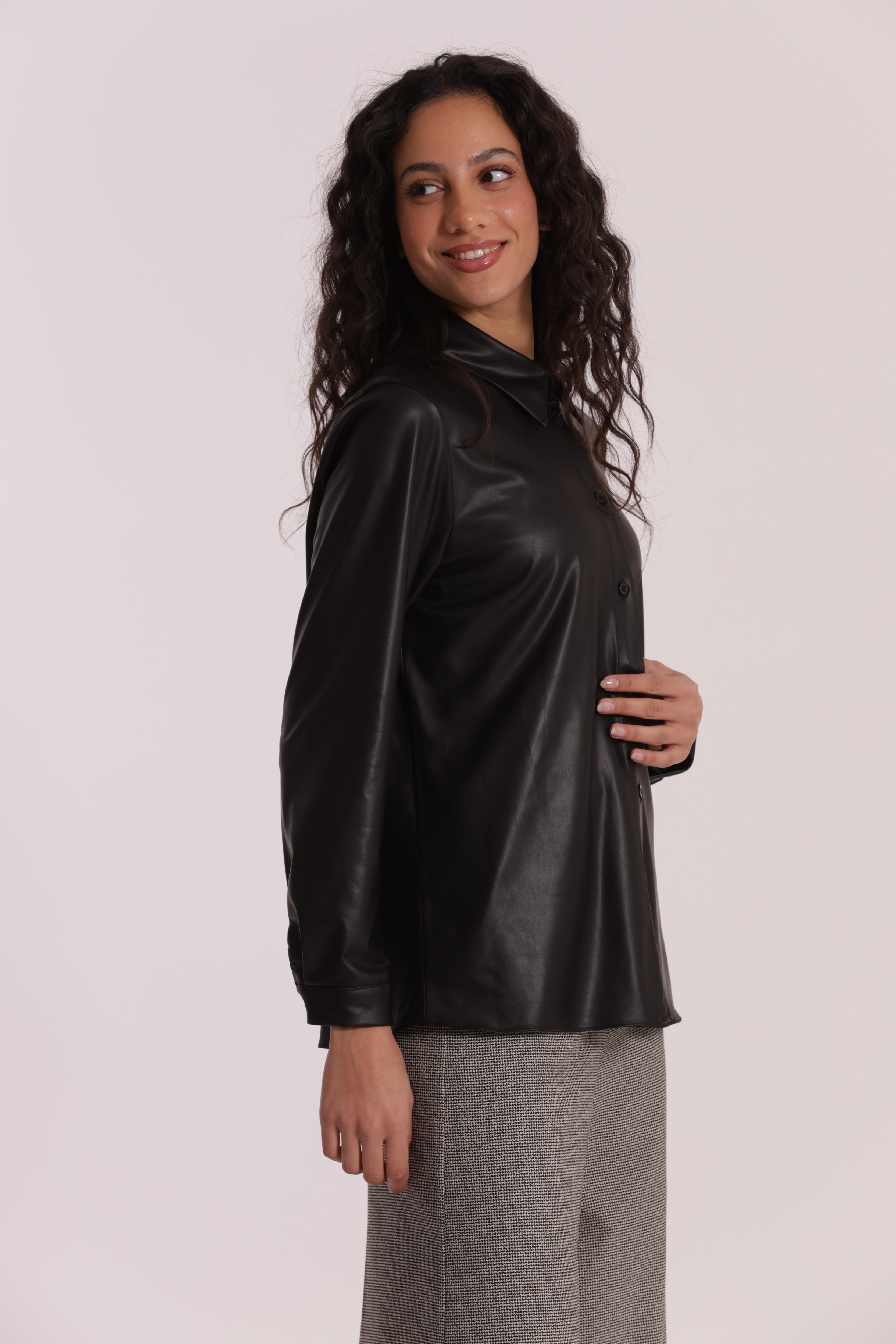 Mimi Mua Camicia Uomo Simil Pelle Nero