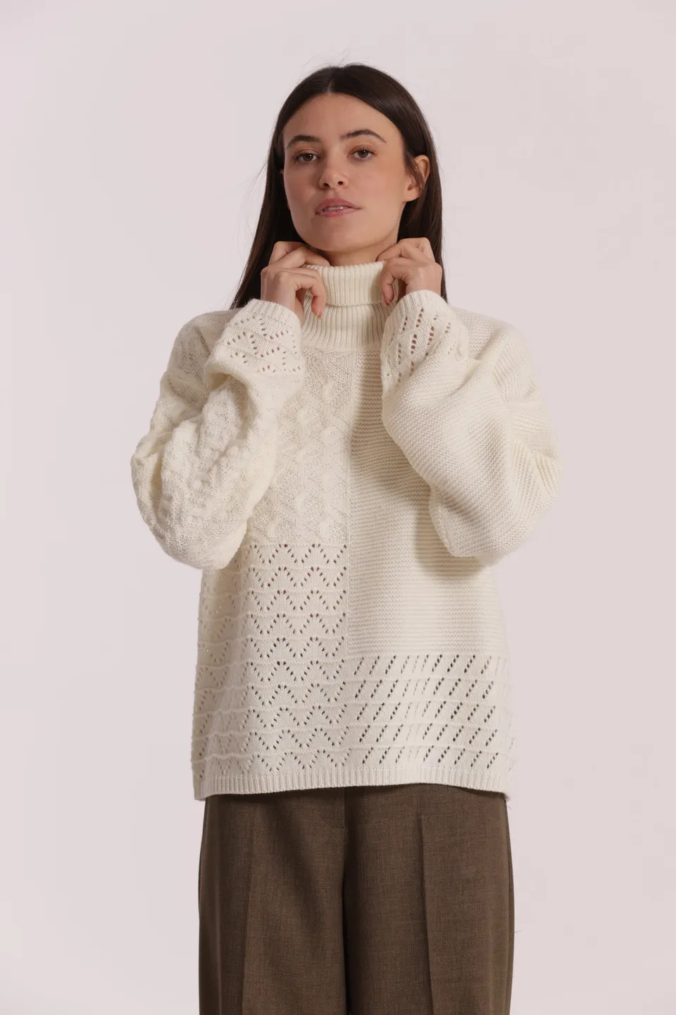Mimi Mua Maglia Dolcevita Lavorato panna lana
