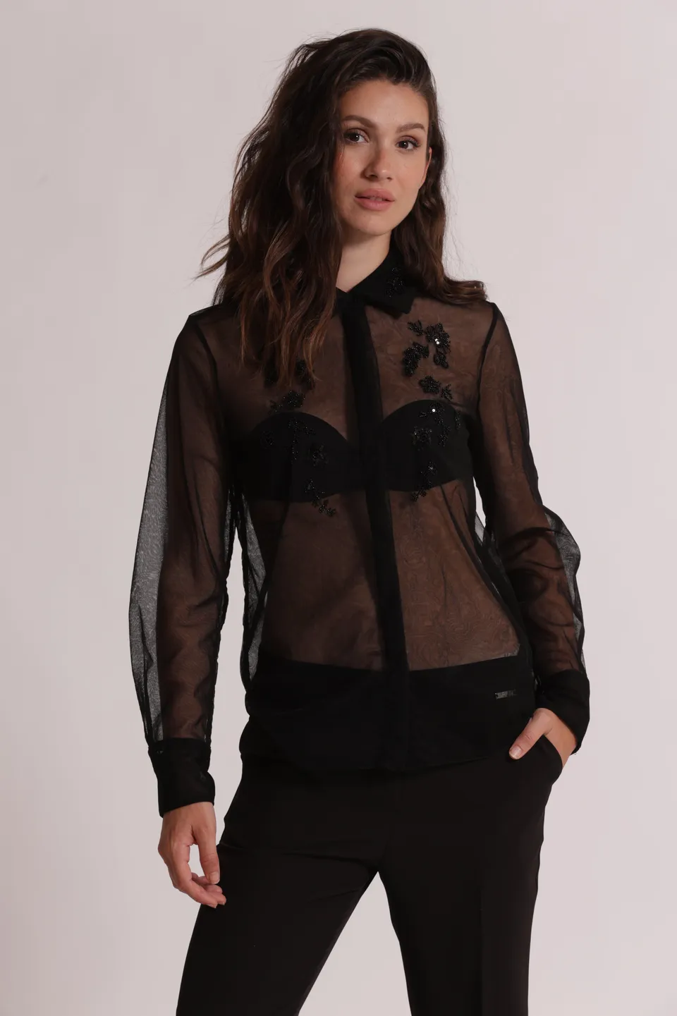Mimi Mua Camicia Tulle Trasparente Perline Nero