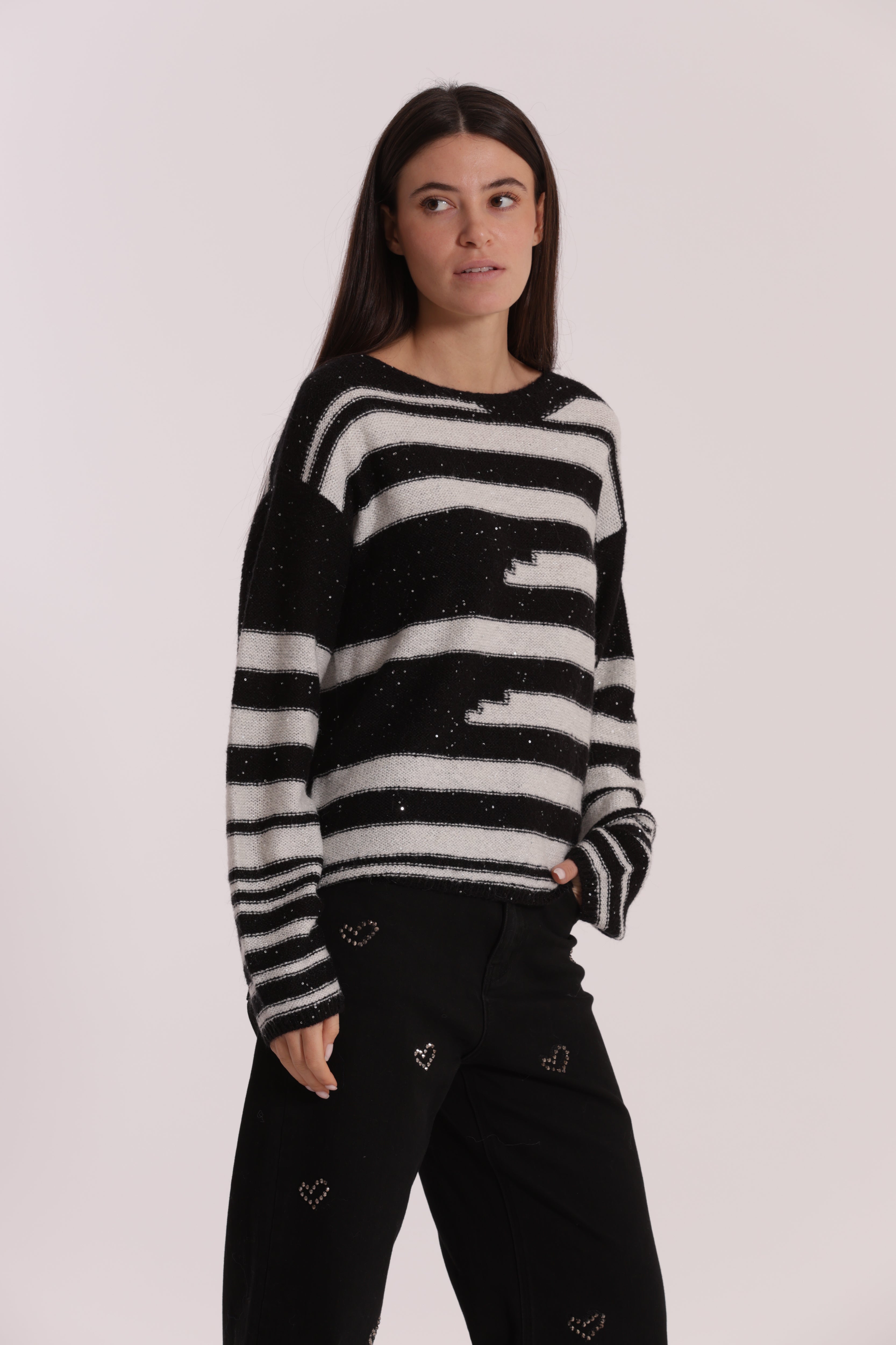 Mimi Mua Maglia a Righe e Paillettes Nero Bianco