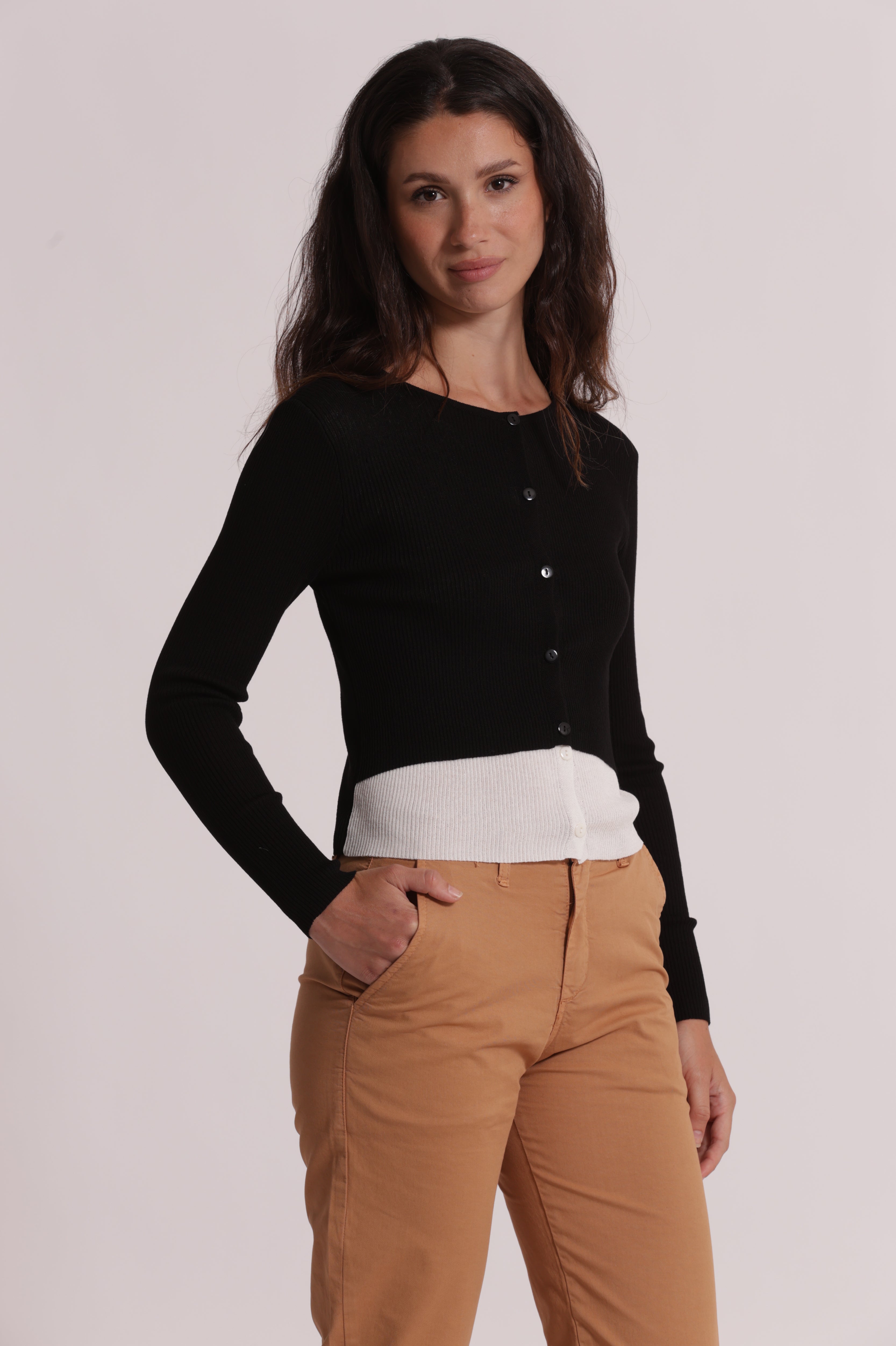 Mimi Mua Cardigan Maglia Doppia Abbottonatura Nero/Panna