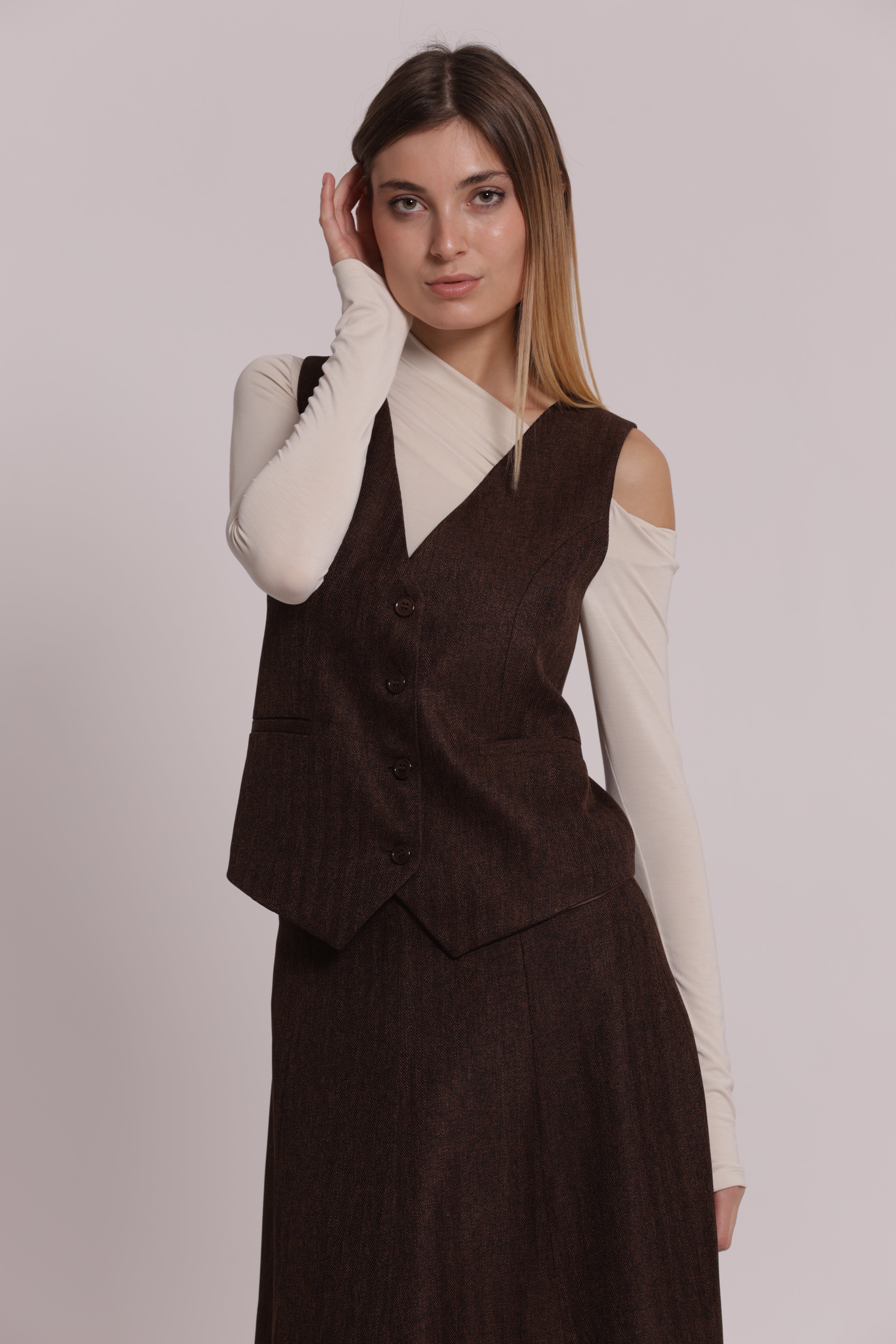Mimi Mua gilet tweed a spiga di pesce giacca moro