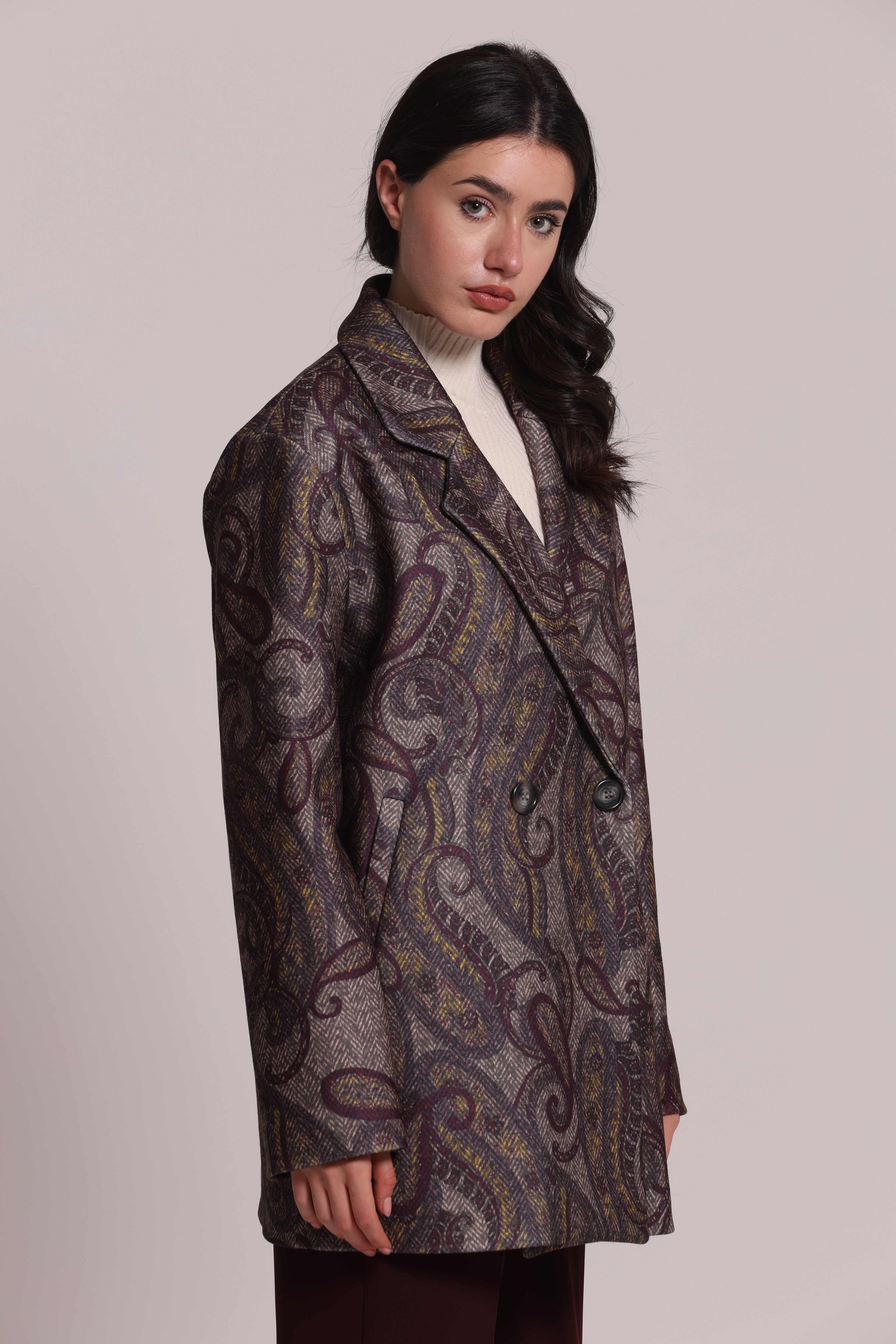 Mimi Mua Cappotto Giaccone Over Paisley Prugna Invernale