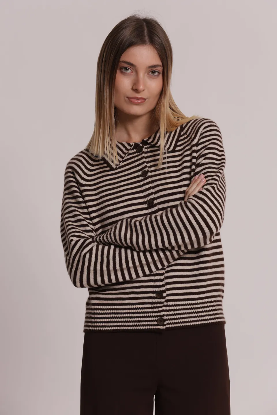 Mimi Mua Maglia Cardigan a Righe moro con lana