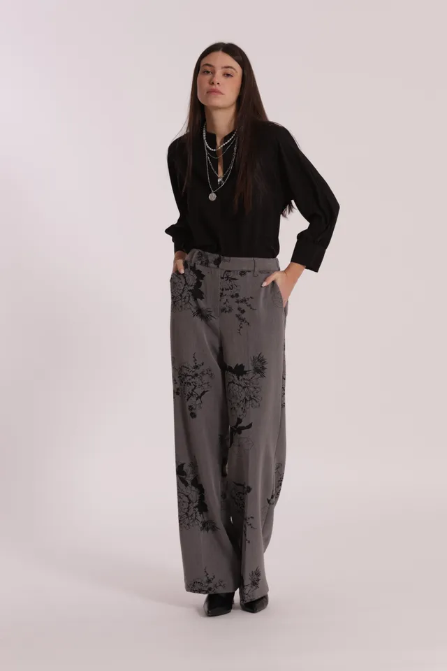 Mimi Mua Pantalone Palazzo Stampa Floreale Grigio