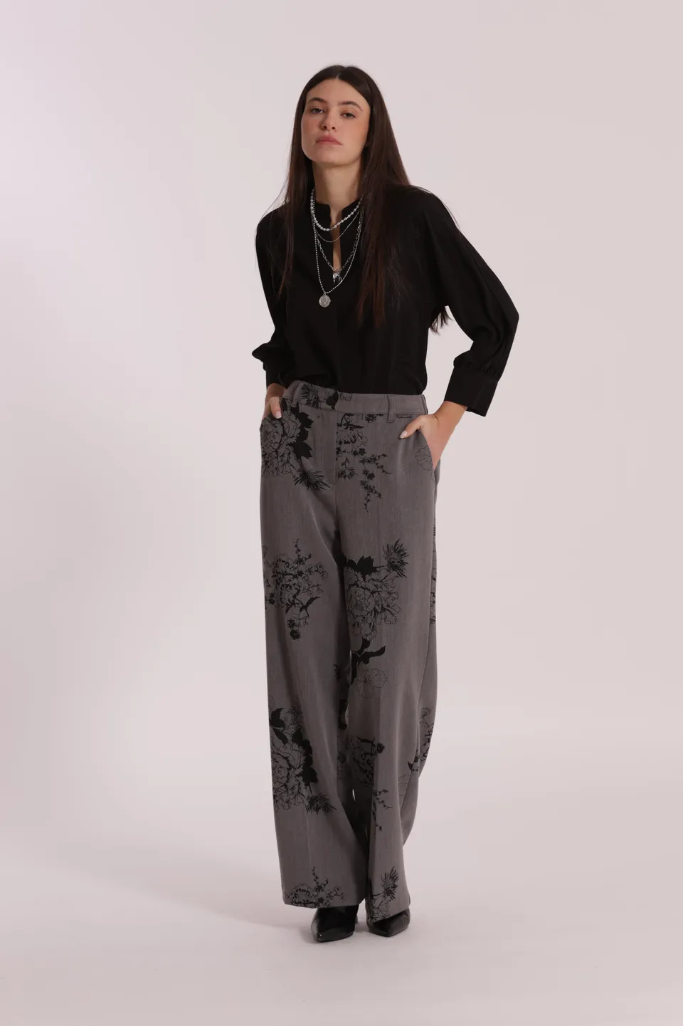 Mimi Mua Pantalone Palazzo Stampa Floreale Grigio