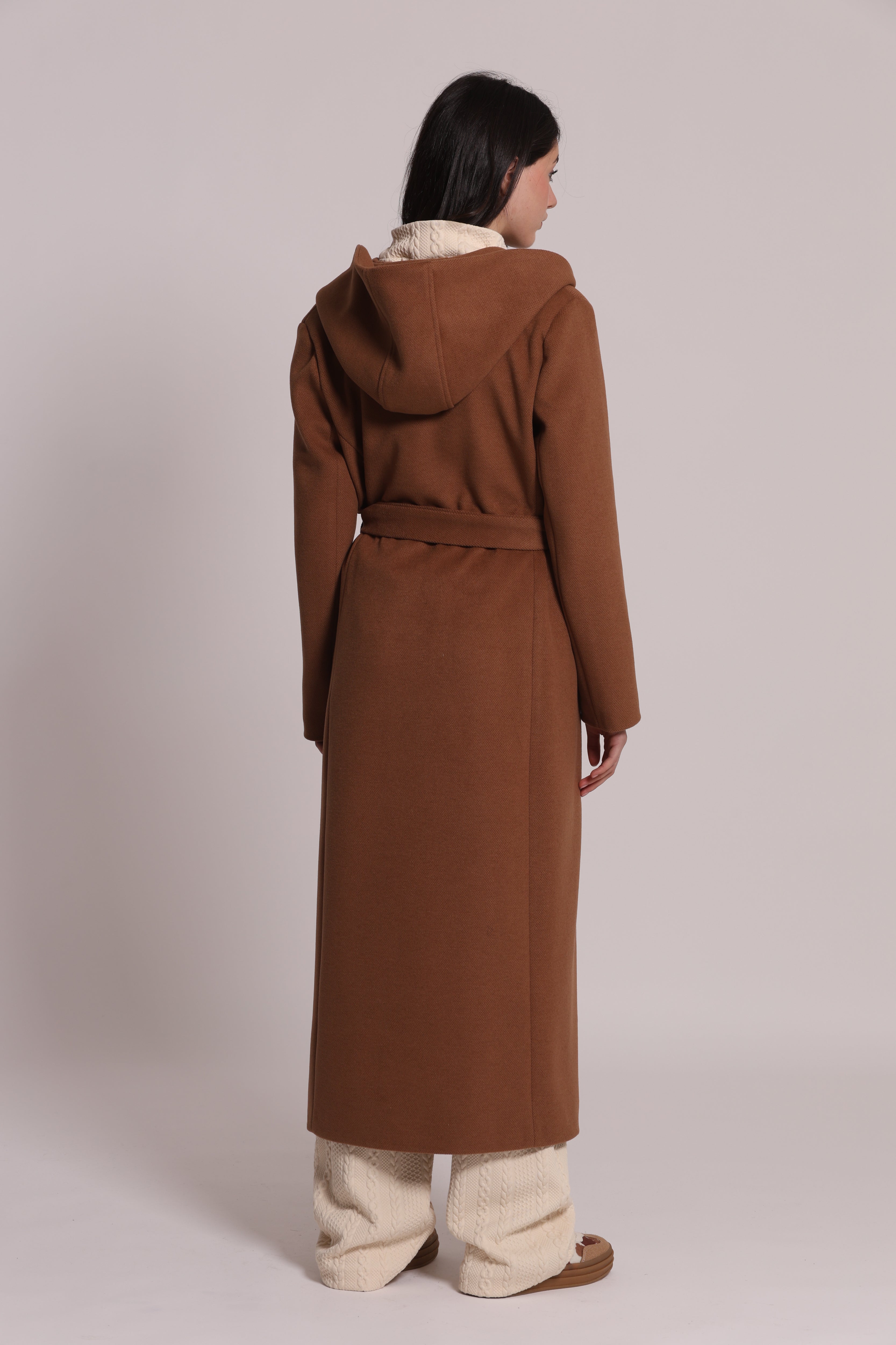 Mimi Mua Cappotto Lungo con Cappuccio Nero con cintura