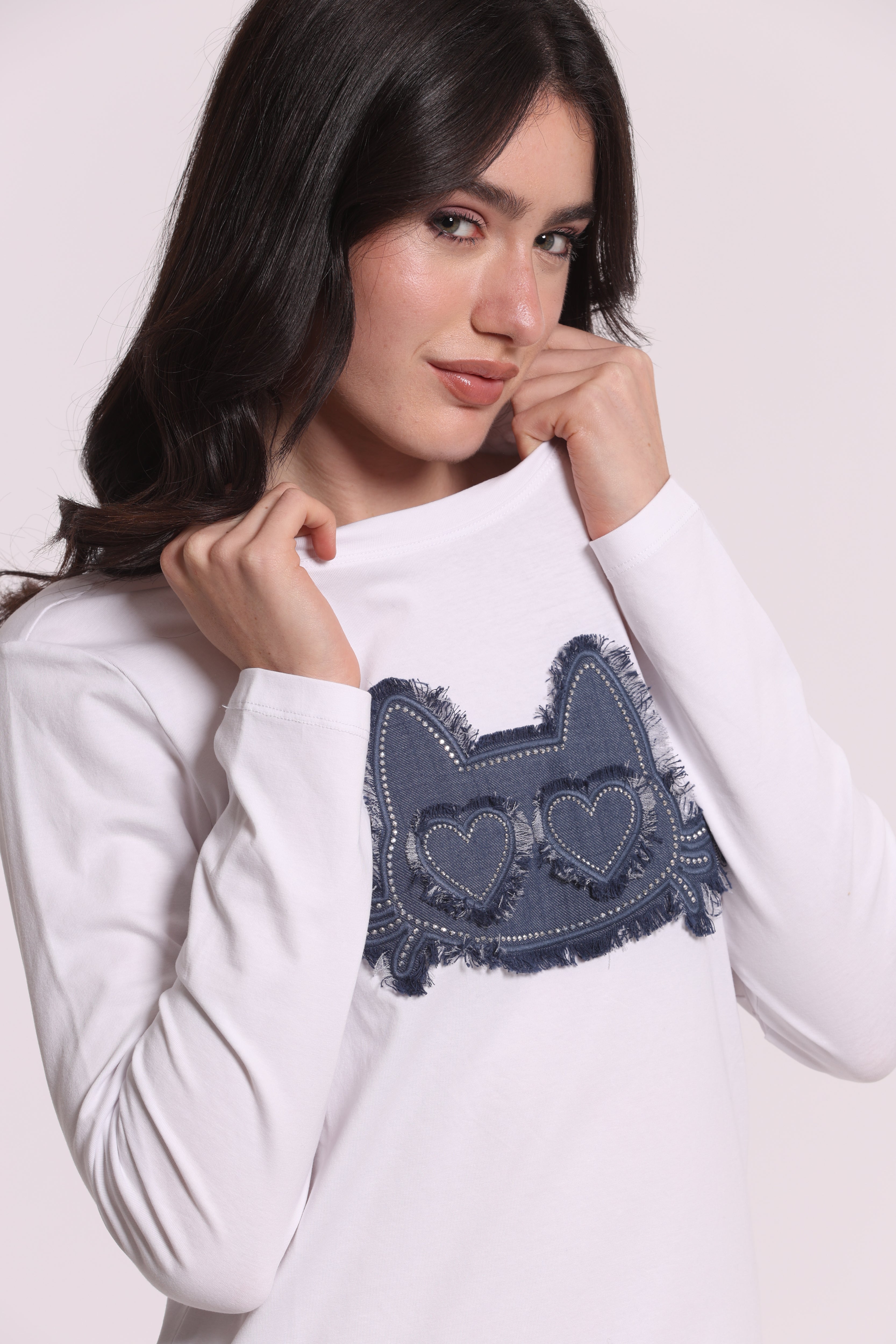 Mimi Mua T-Shirt Maniche Lunghe Gatto Denim Nera Cotone