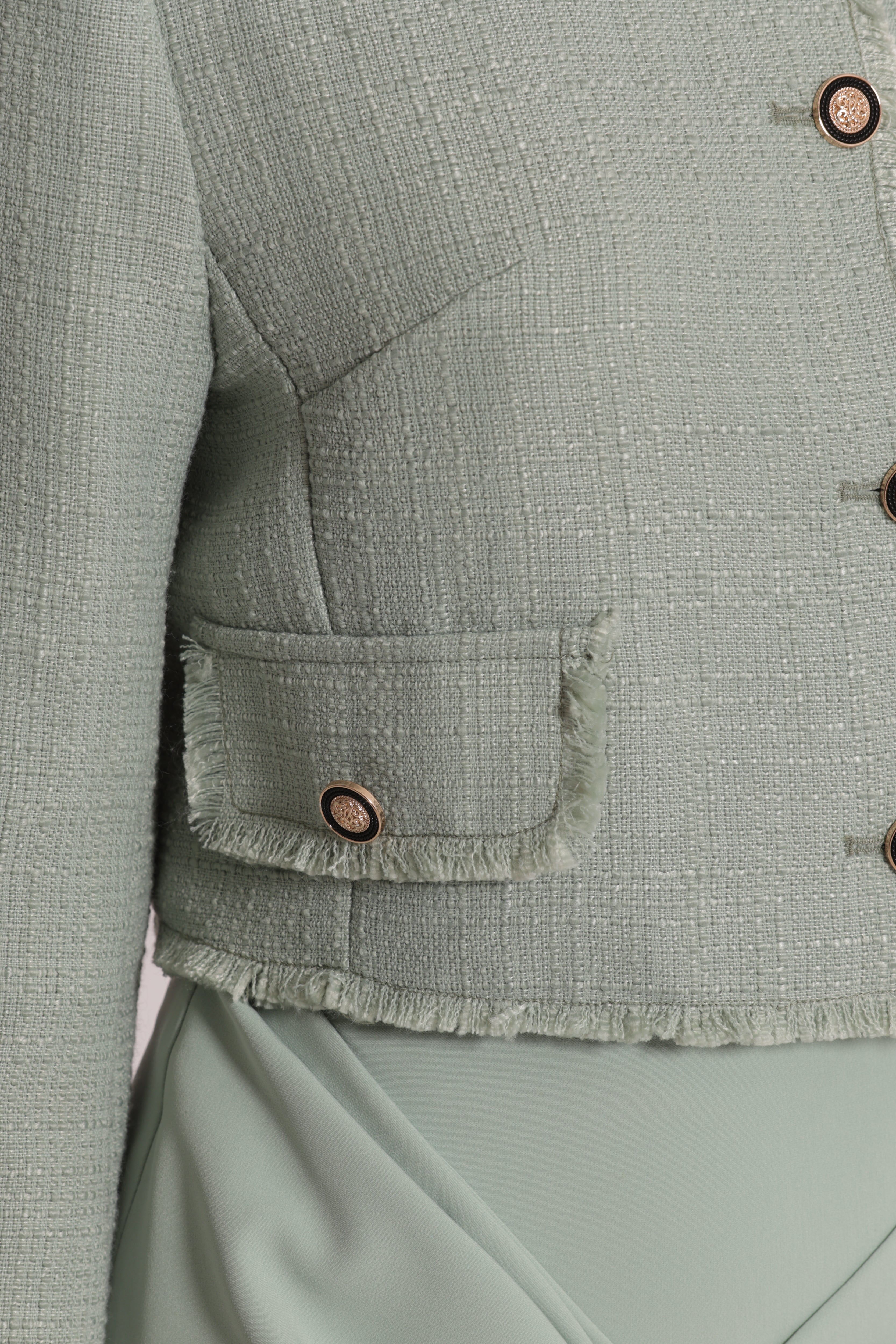 Mimi Mua Giacca Tweed Bottoni Gioiello Giacca Verde Menta