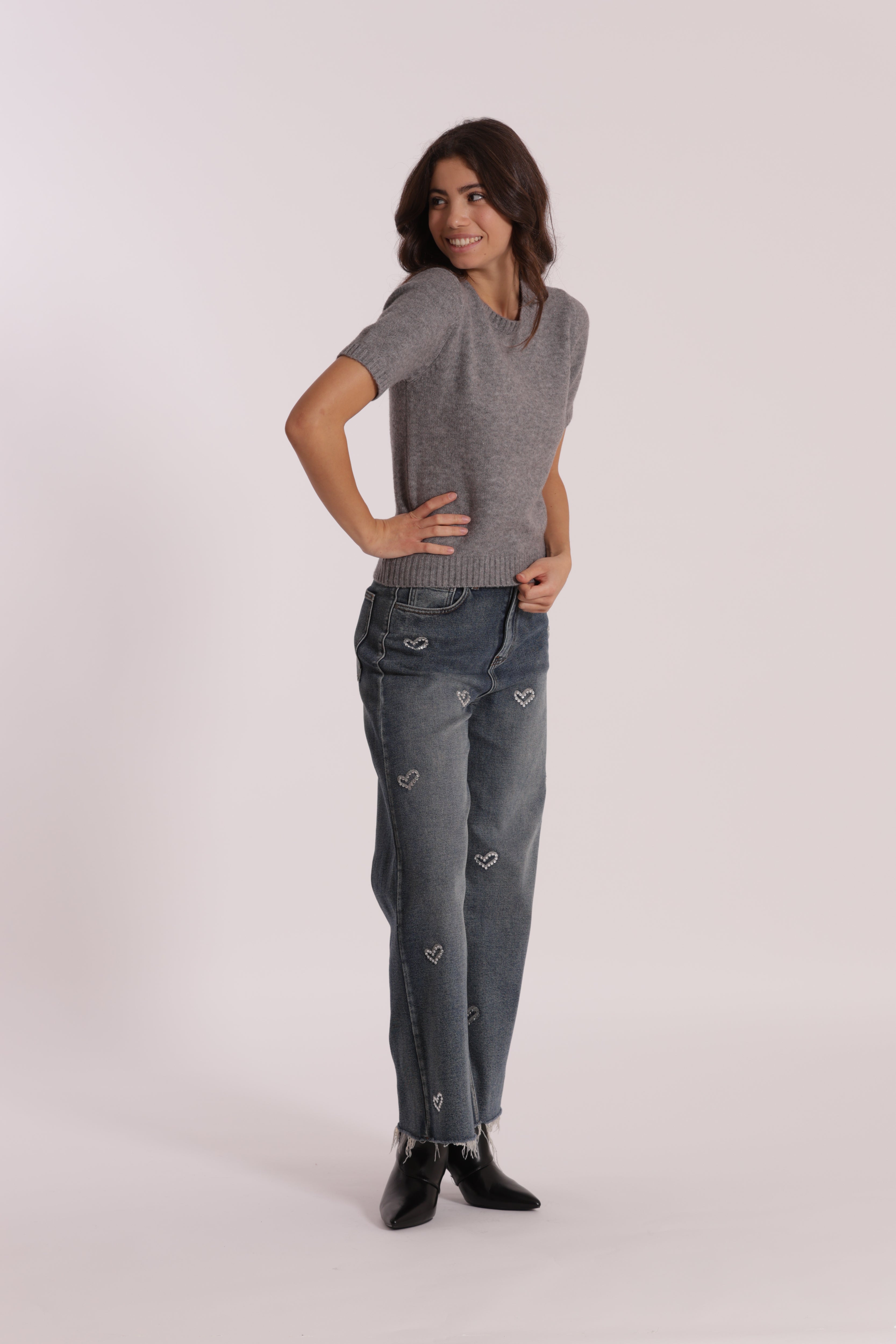 Mimi Mua Jeans Wide Leg Cropped Cuori Ricamati Blu Medio