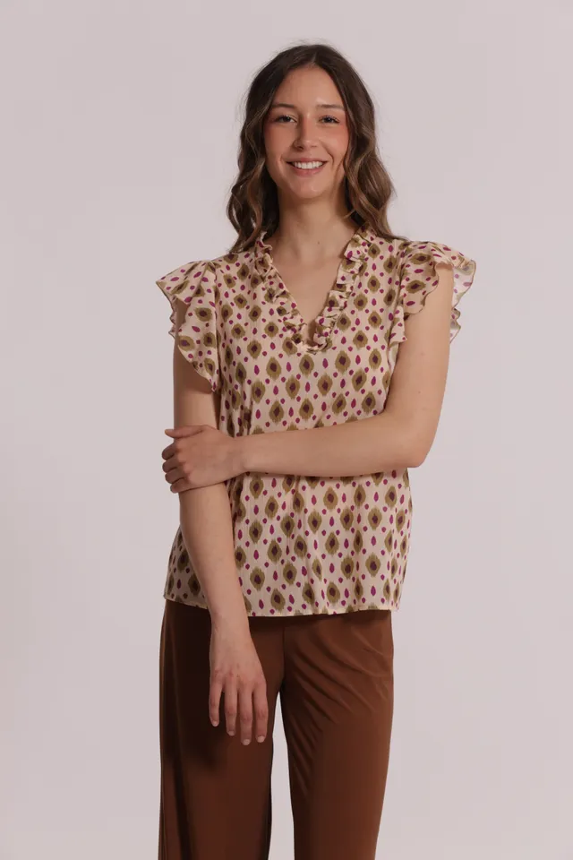 Mimi Mua Blusa a Maniche Corte Fantasia Rombi beige