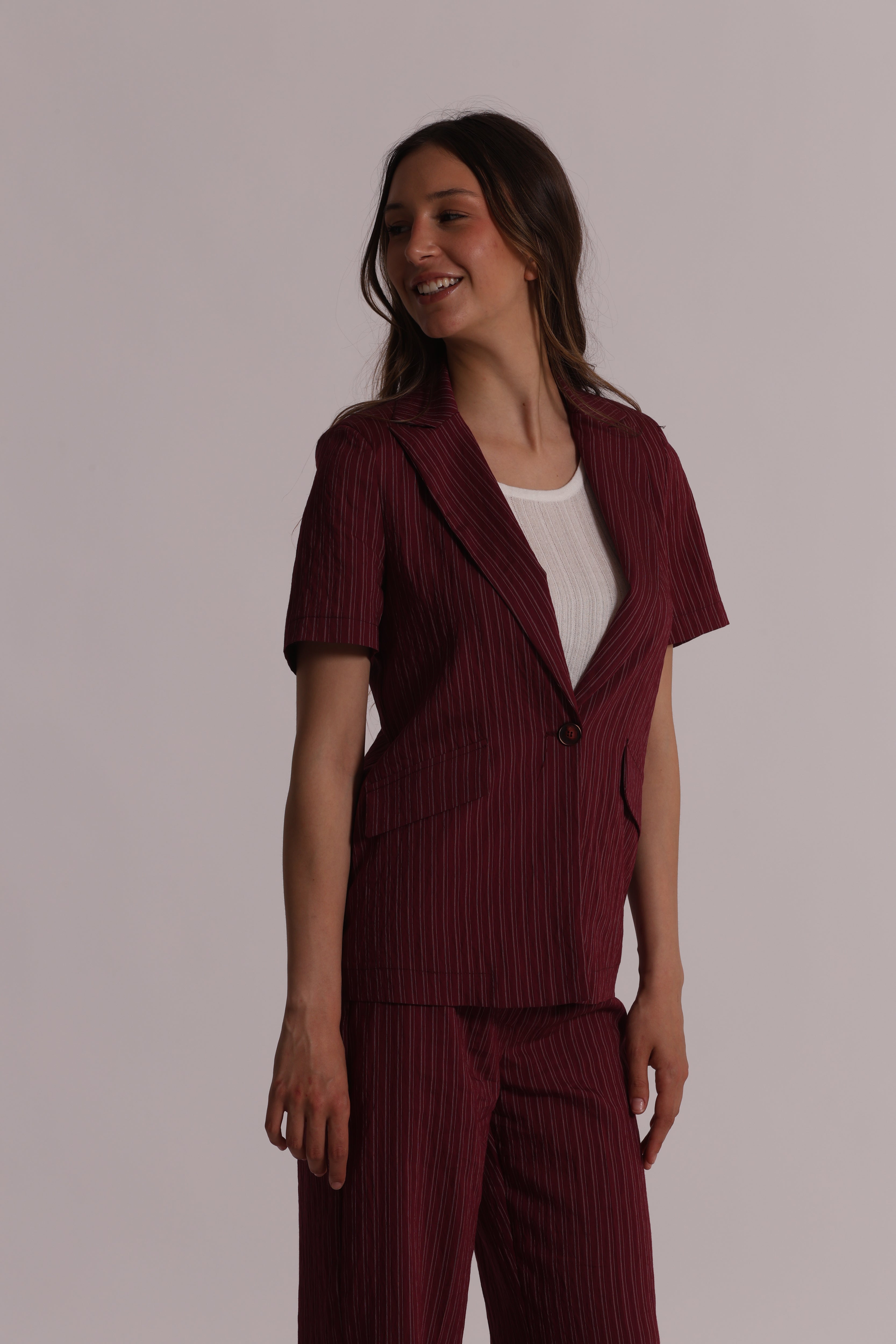 Mimi Mua Giacca Maniche Corte Righe Bordeaux