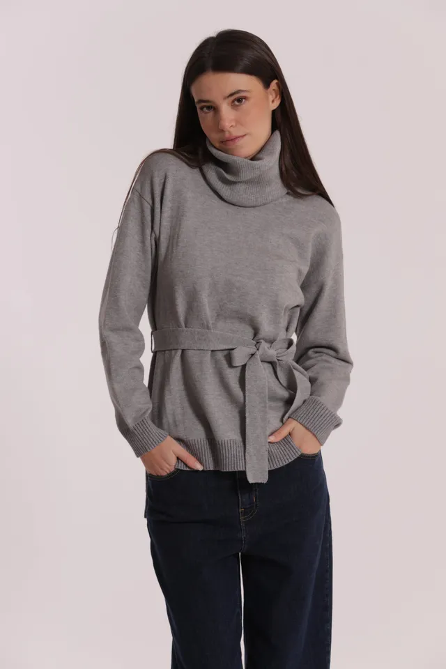 Mimi Mua maglia bicolor con dettaglio cintura grigio chiaro