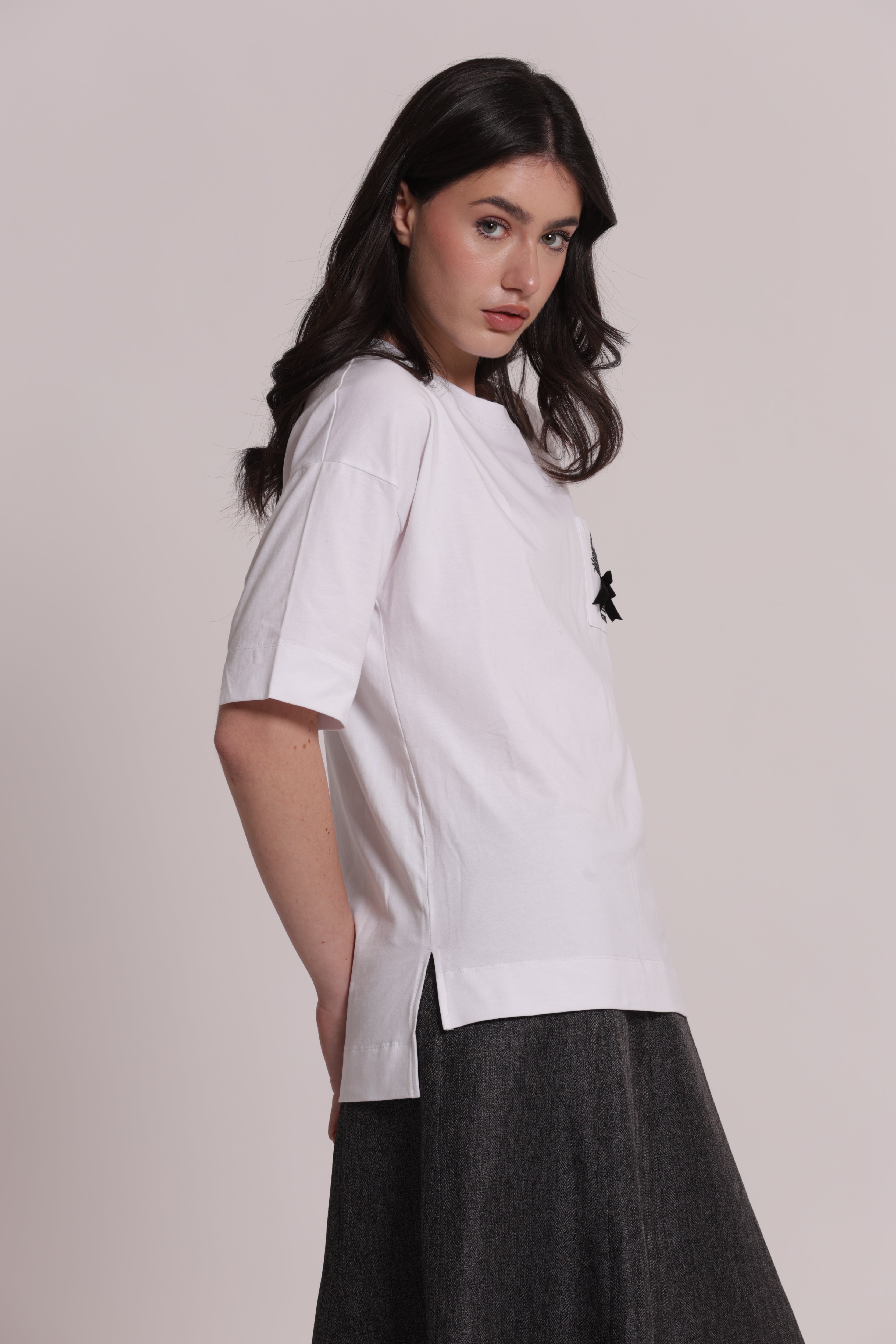 Mimi Mua T-Shirt Taschino Gatto Strass bianco cotone