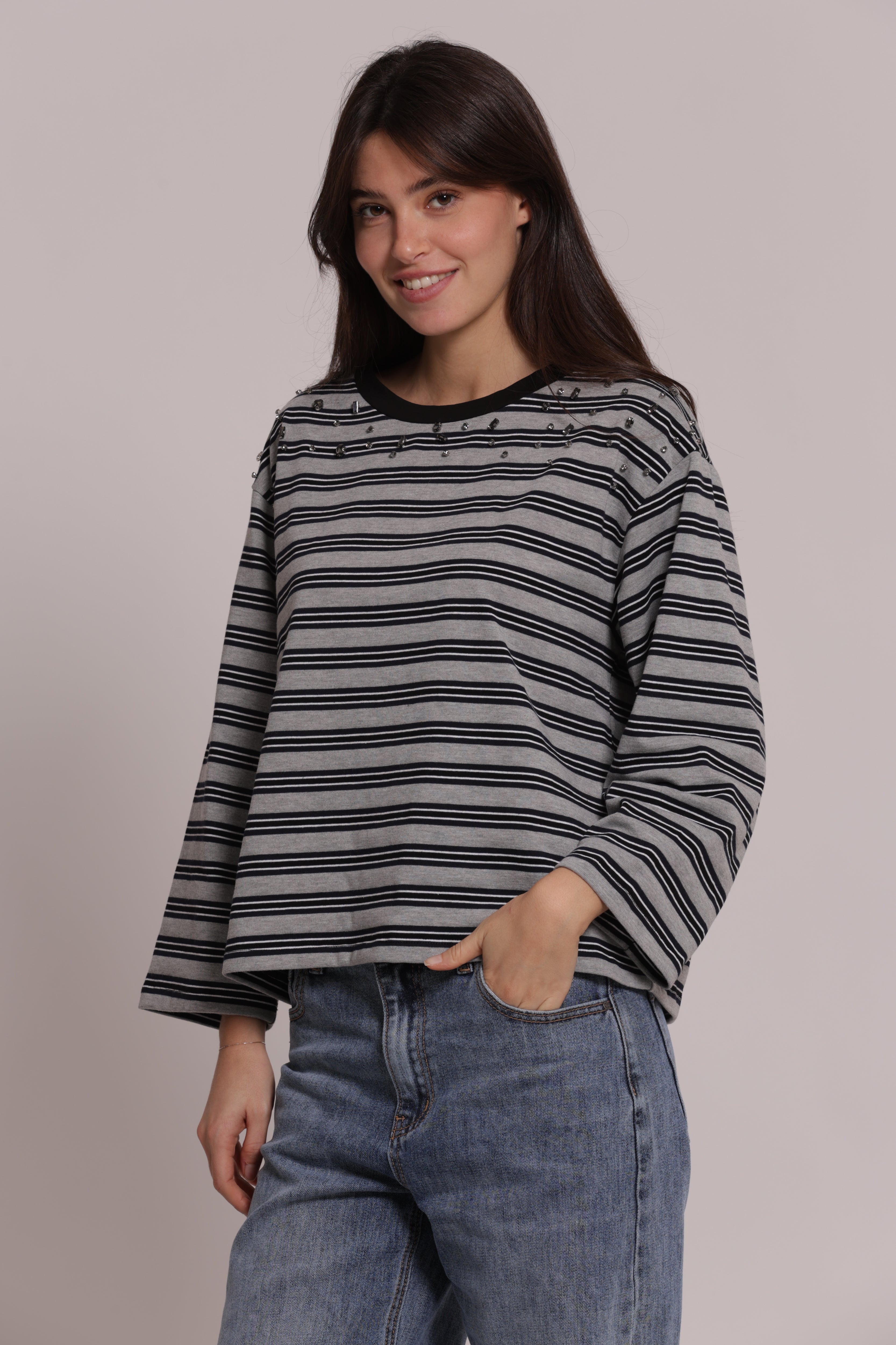 Mimi Mua Righe con Applicazioni t-shirt marrone cotone