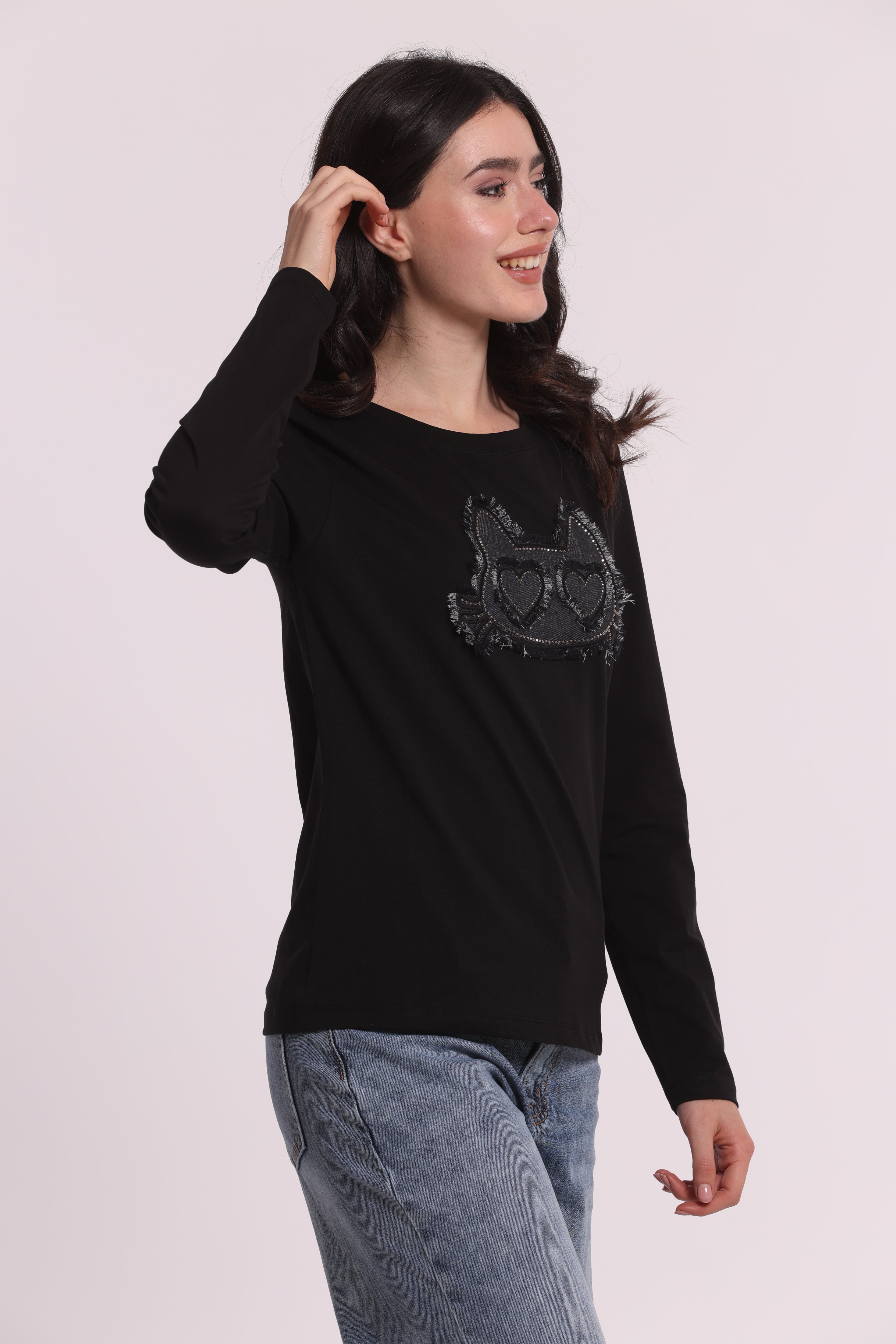 Mimi Mua T-Shirt Maniche Lunghe Gatto Denim Nera Cotone