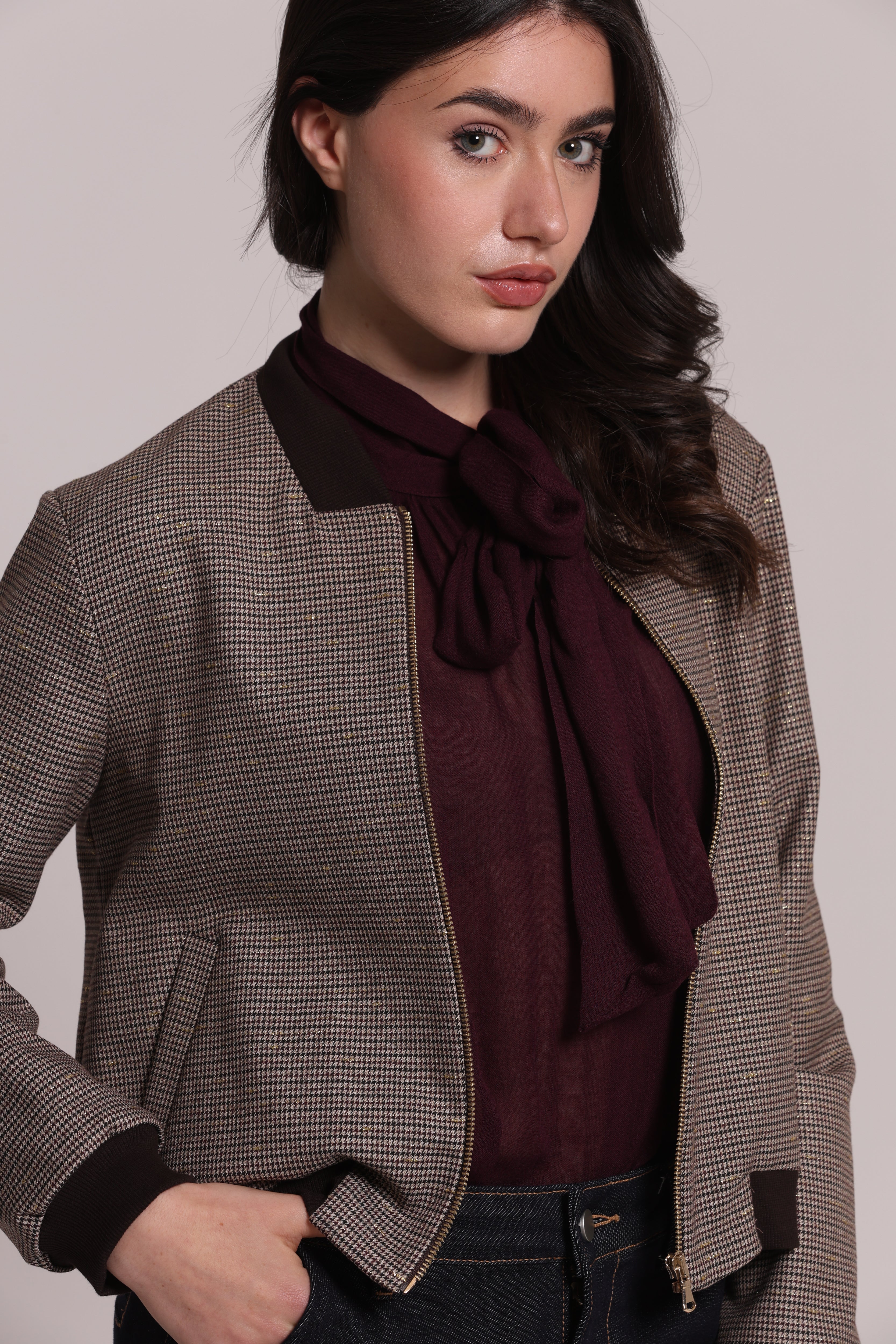 Mimi Mua Giacca Bomber Zip Pied de Poule Lurex Bordeaux/Beige