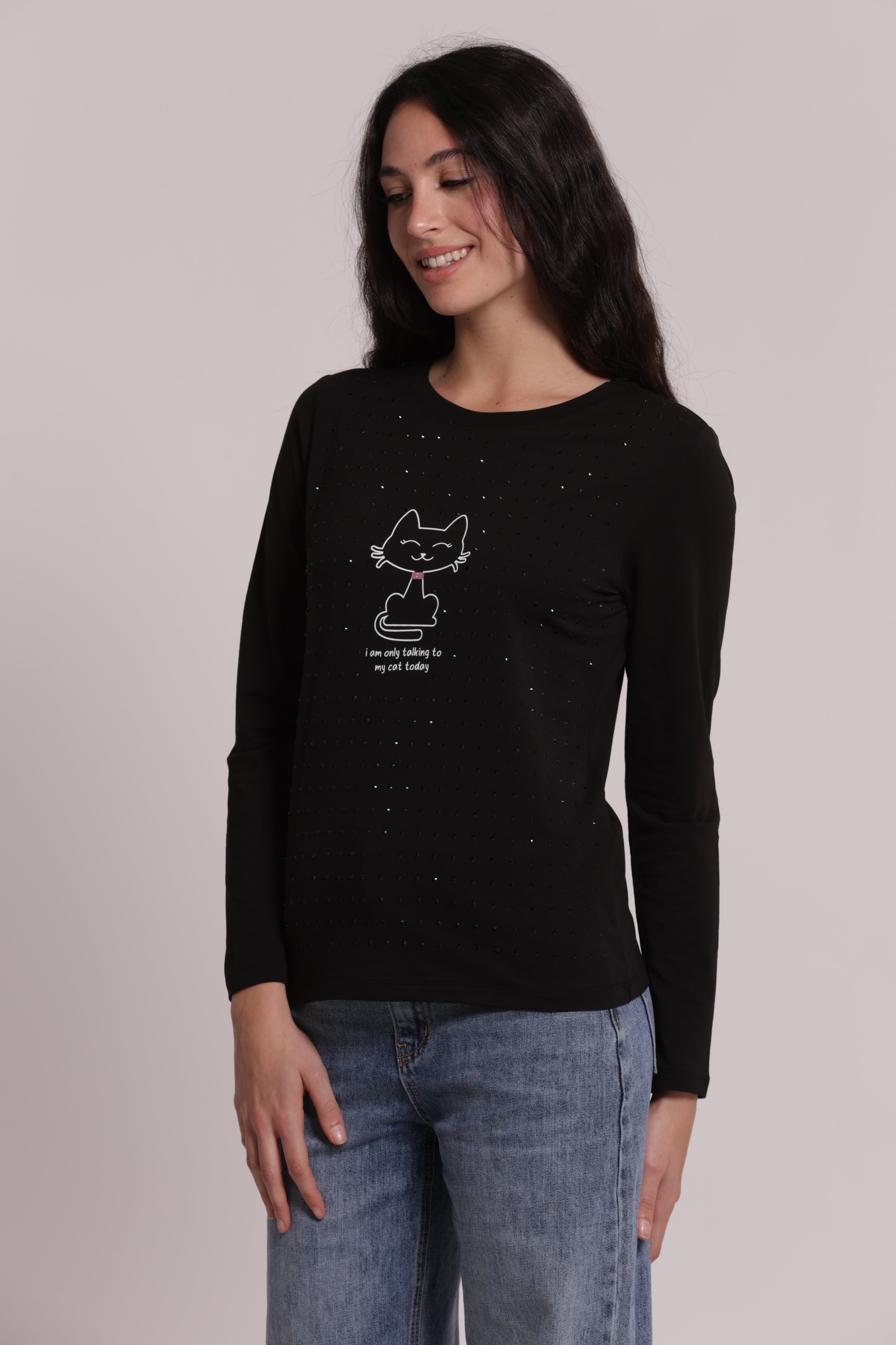 Mimi Mua T-Shirt Maniche Lunghe Gatto Strass Bianco