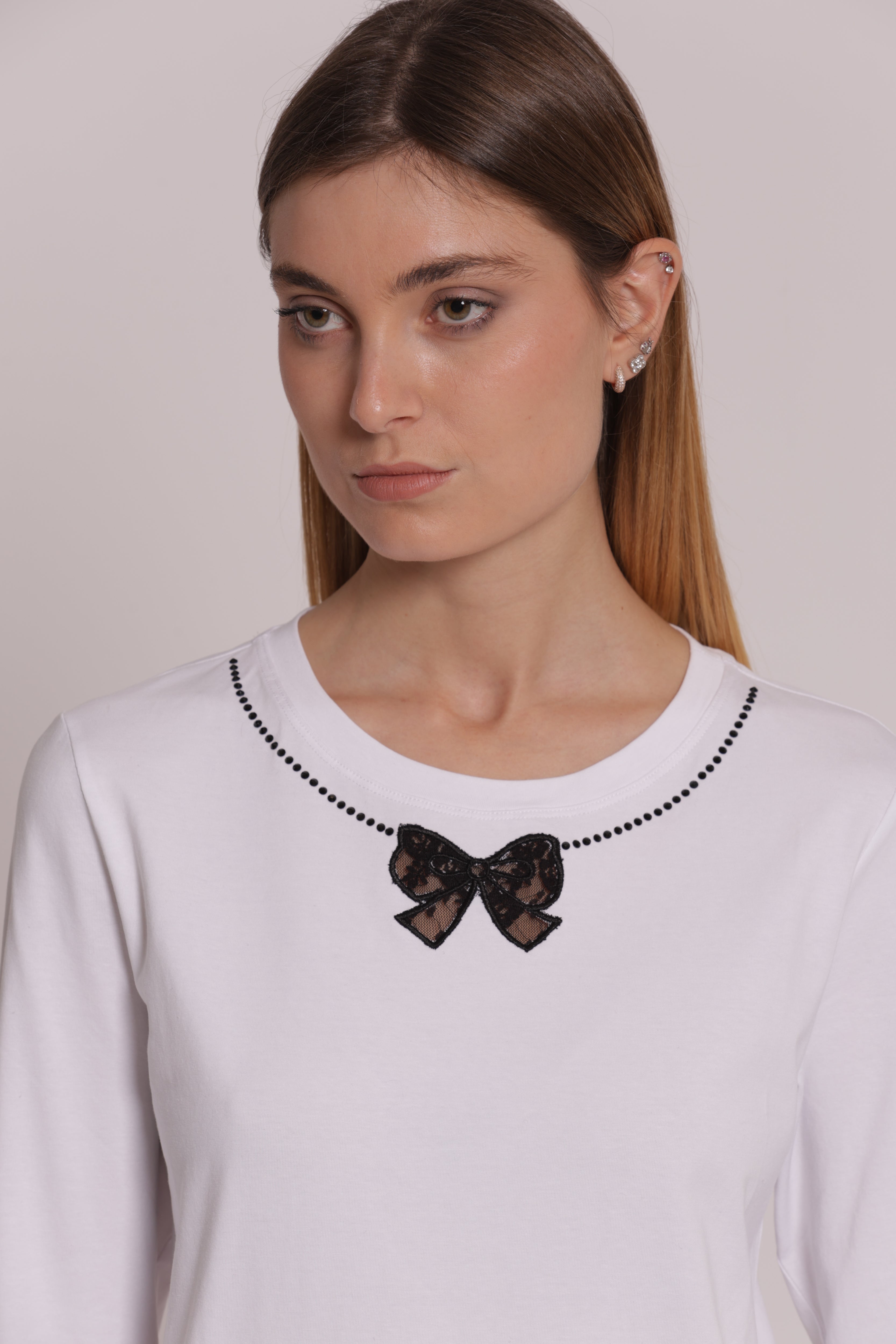 Mimi Mua Fiocco Frontale t-shirt maniche lunghe bianca