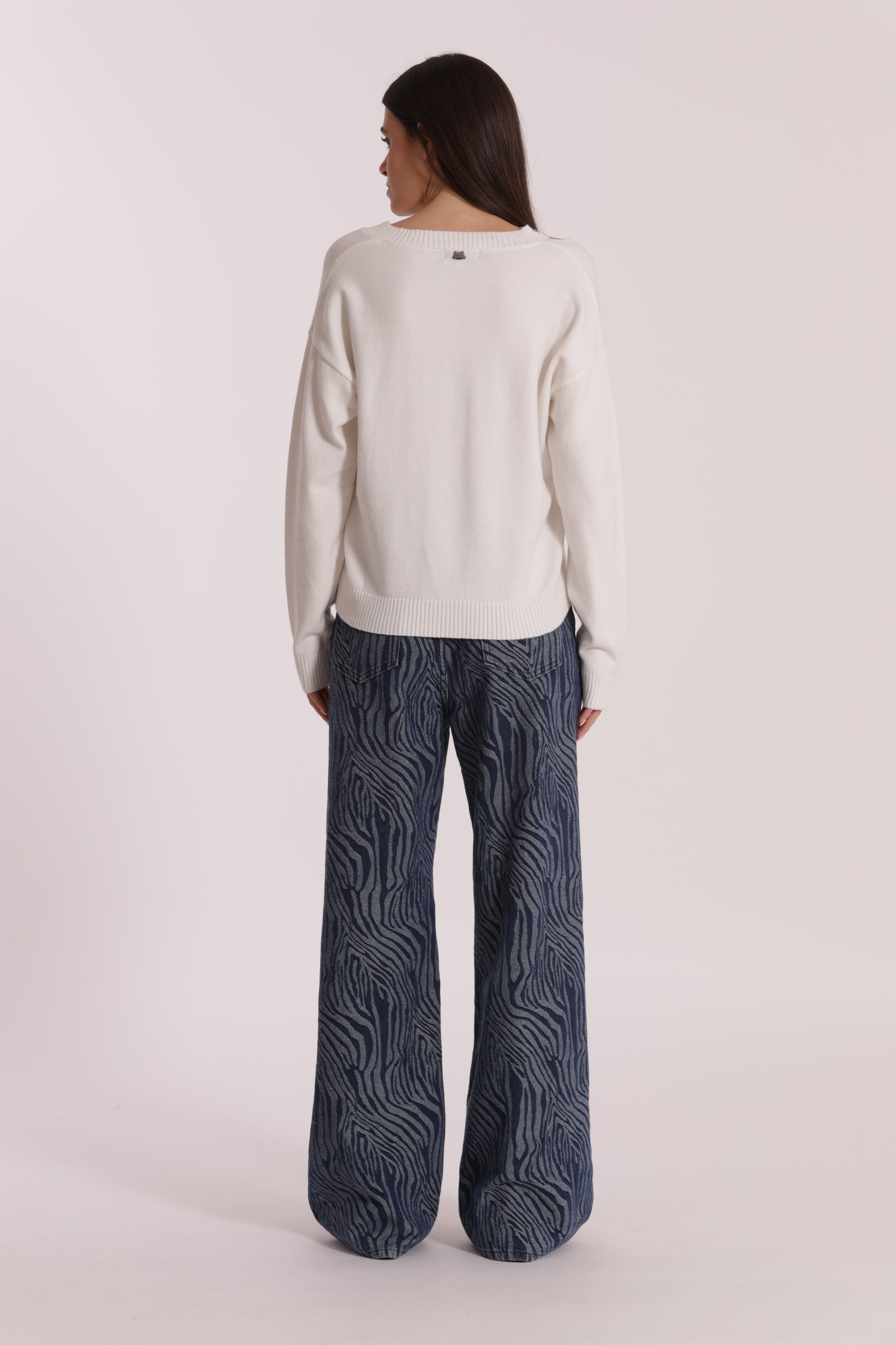 Mimi Mua Jeans Palazzo Jacquard Animalier Blu Scuro