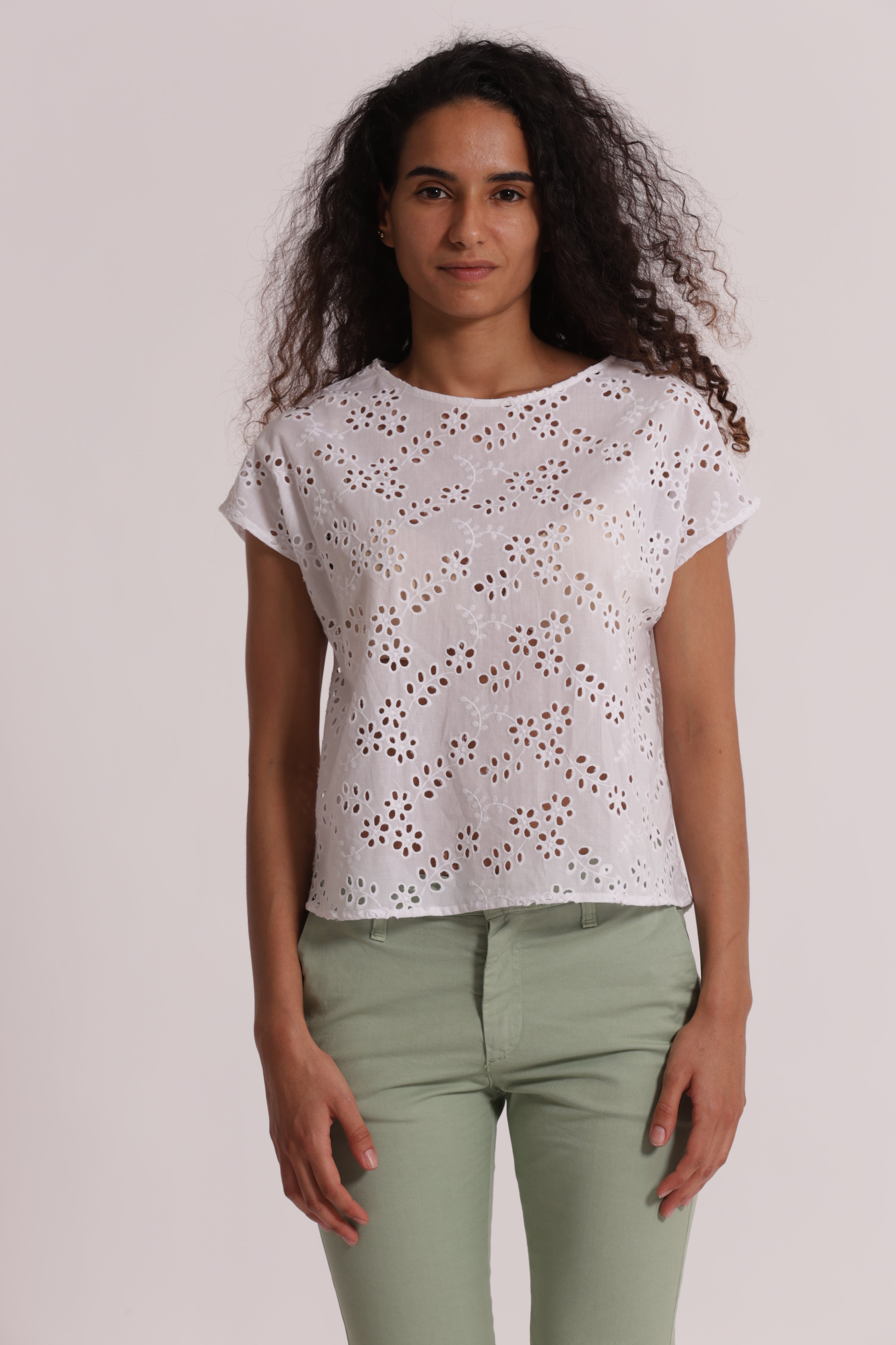Mimi Mua Scollo Tondo Sangallo blusa bianco cotone